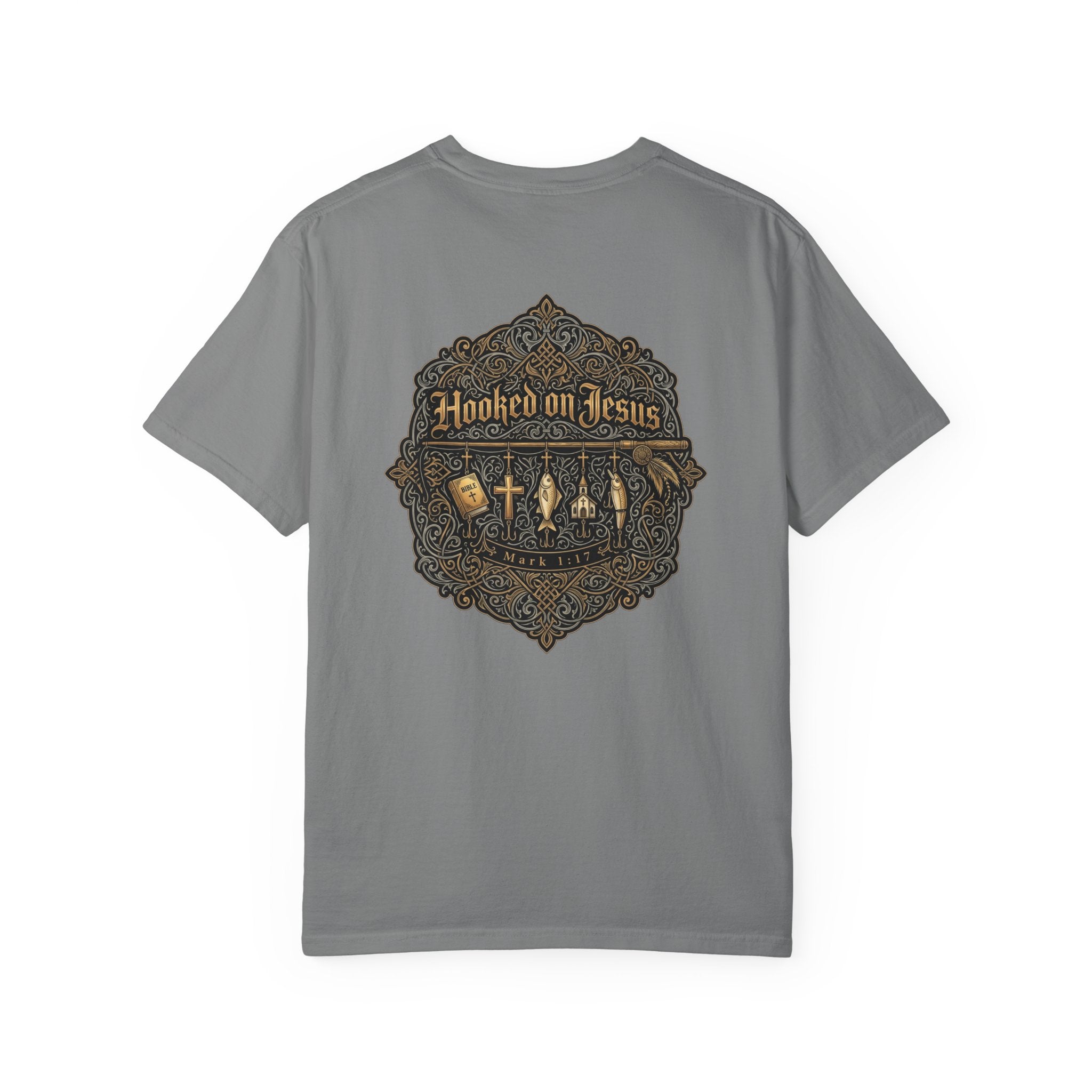 Hooked on Jesus T‑Shirt — Small Front Cross & Ornate Back Graphic
