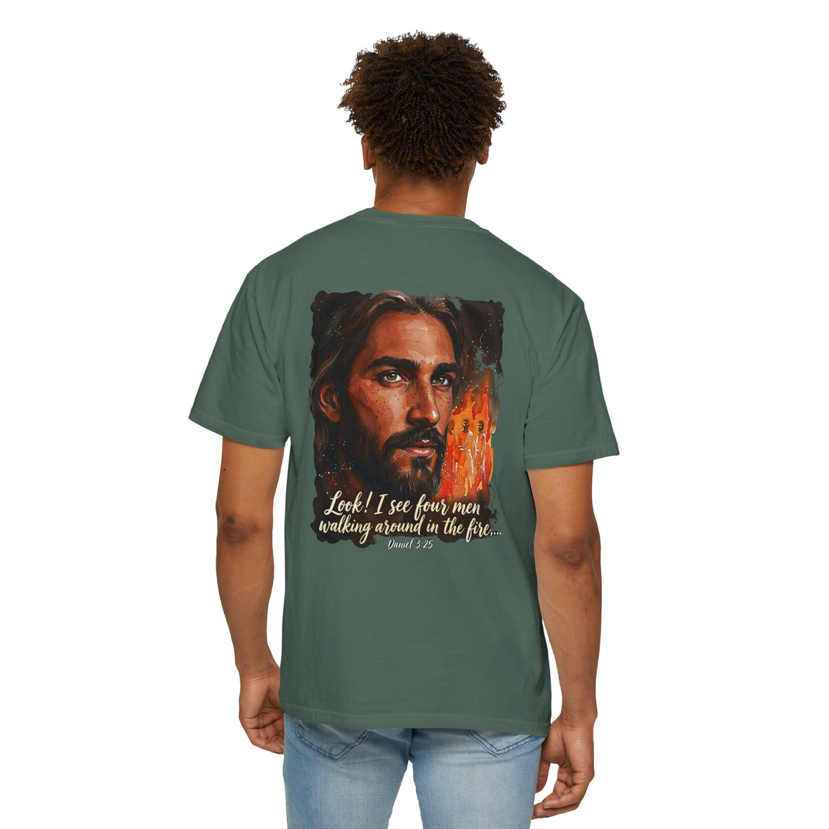 Christian T-Shirt — Jesus with Three Crosses & Daniel 3:25 Verse Back Print