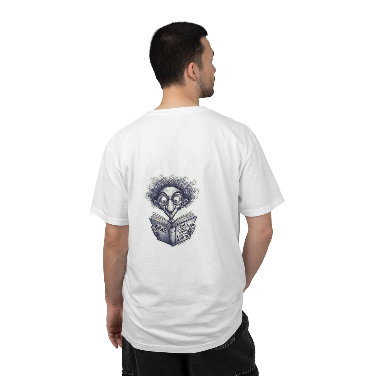 Graphic T-Shirt — Small Cross Front & Whimsical Reader Illustration Back