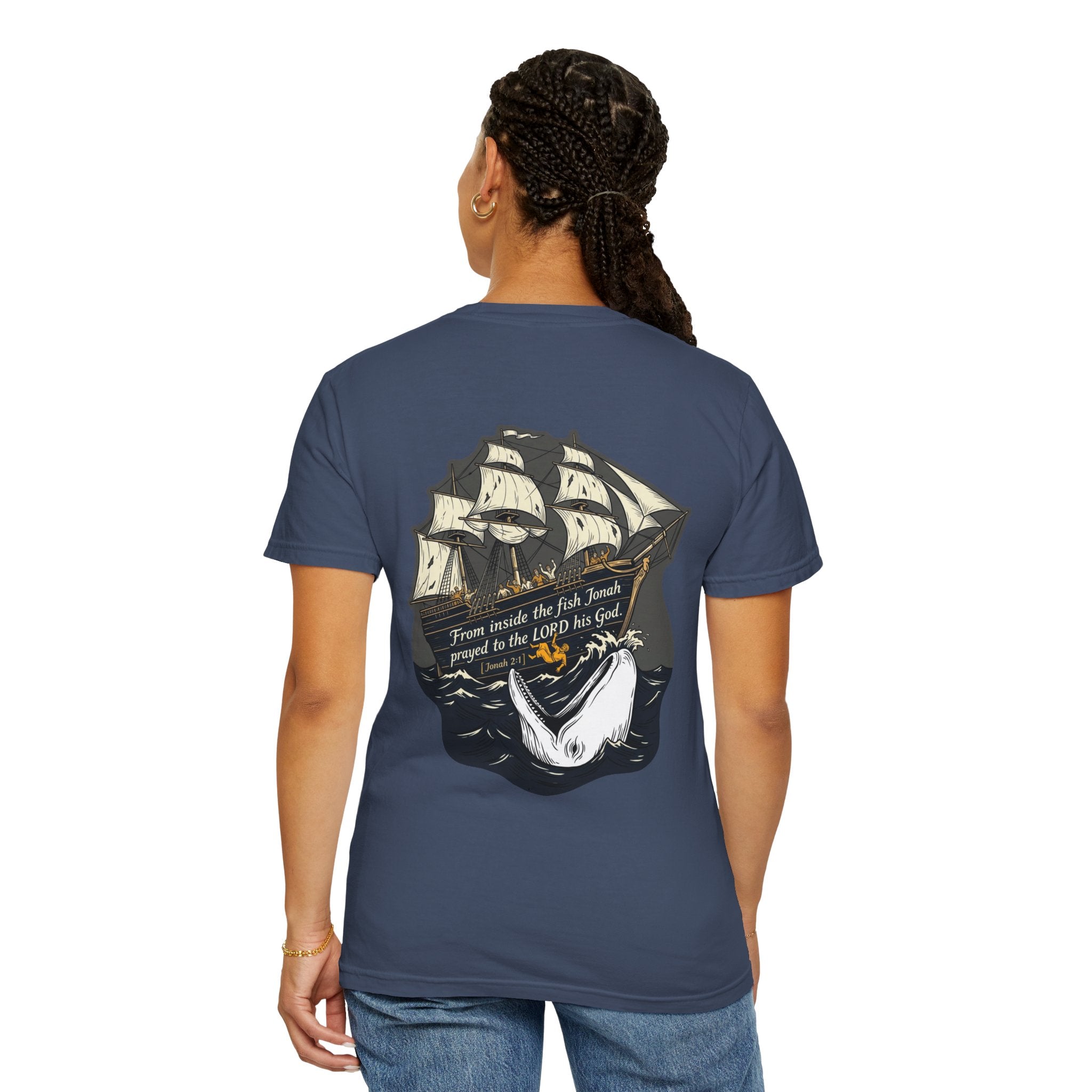 Christian Ship & Whale T-Shirt — 'From inside the fish Jonah prayed to the LORD his God' Chest Cross
