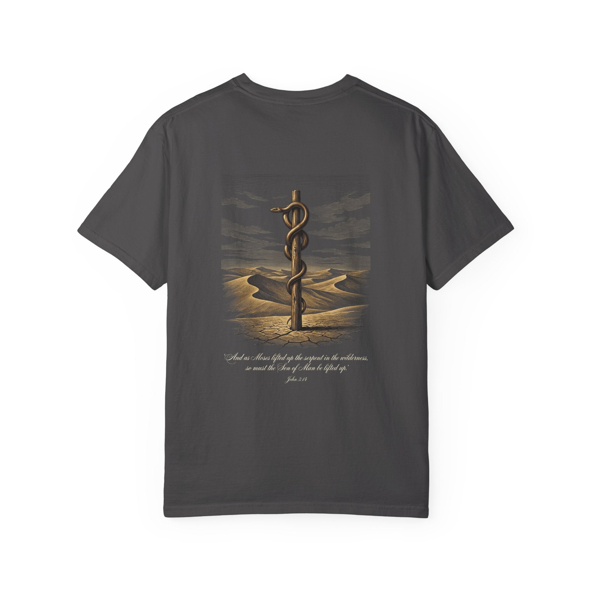 Christian Cross T-Shirt — Biblical Staff of Moses Desert Design with Scripture