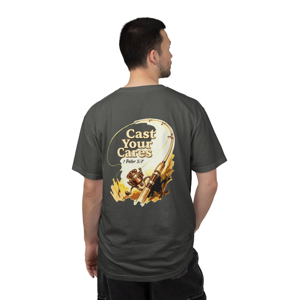 Cast Your Cares T-Shirt — Christian Fishing Cross Graphic Tee (1 Peter 5:7)