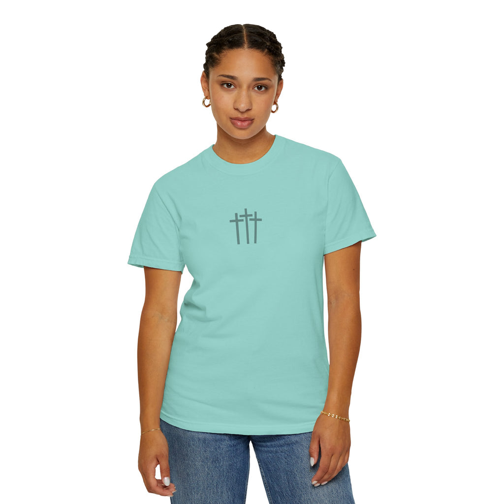 Christian Dove T-Shirt — Three Crosses Front & Dove Back with Scripture
