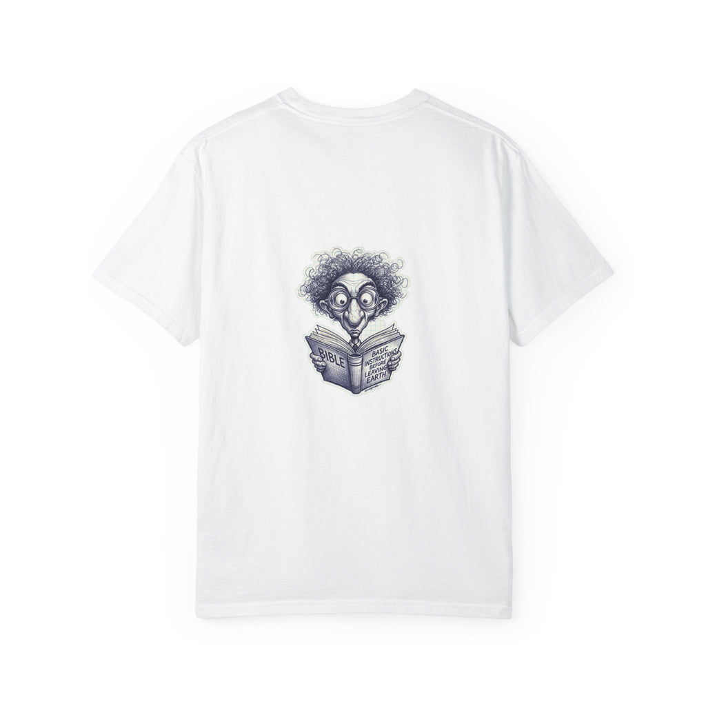 Graphic T-Shirt — Small Cross Front & Whimsical Reader Illustration Back