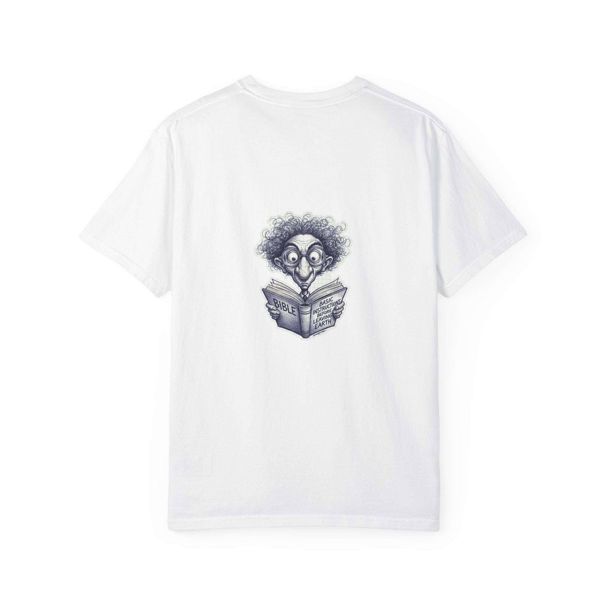 Graphic T-Shirt — Small Cross Front & Whimsical Reader Illustration Back