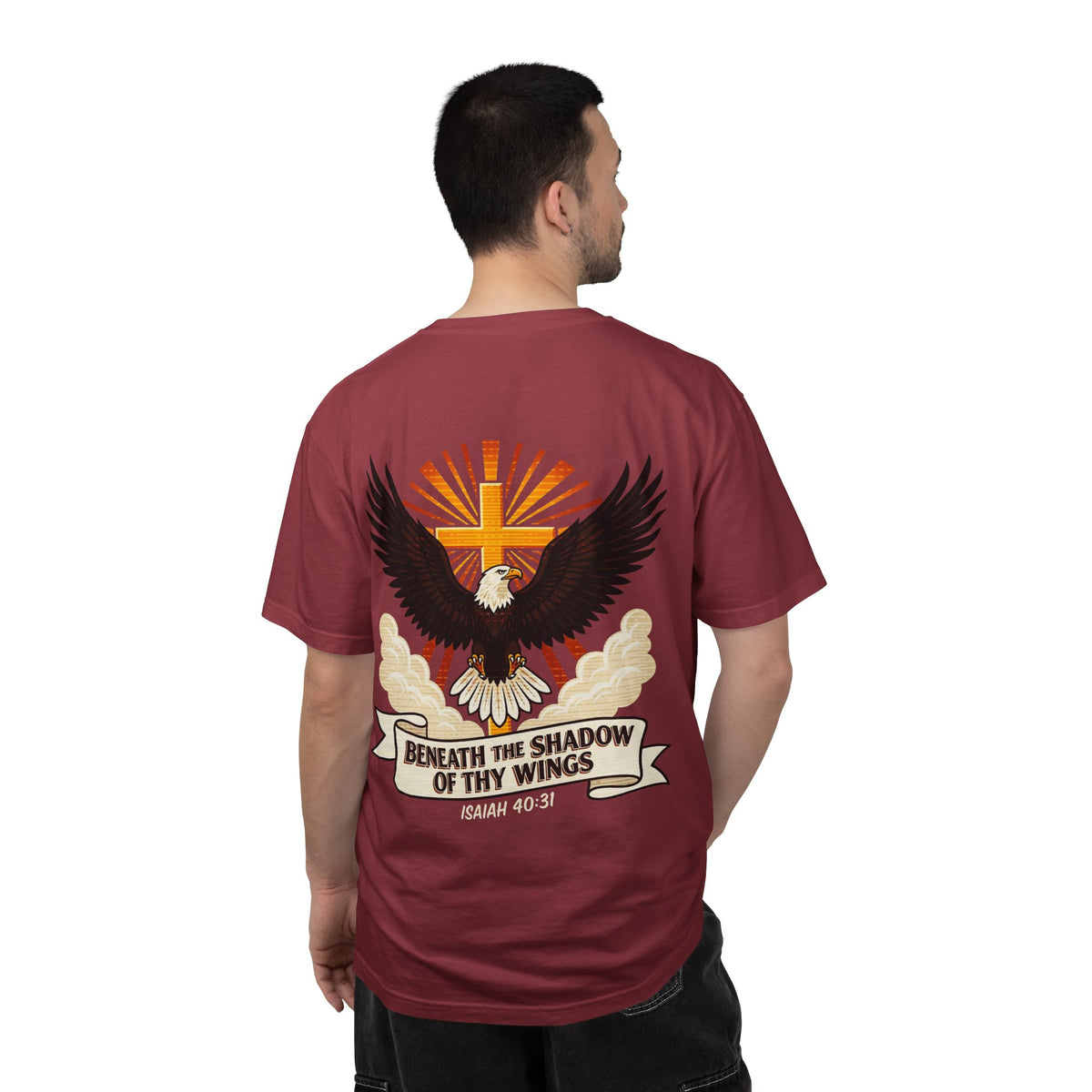 Christian Eagle Cross T‑Shirt — "Beneath the Shadow of Thy Wings" (Isaiah 40:3)