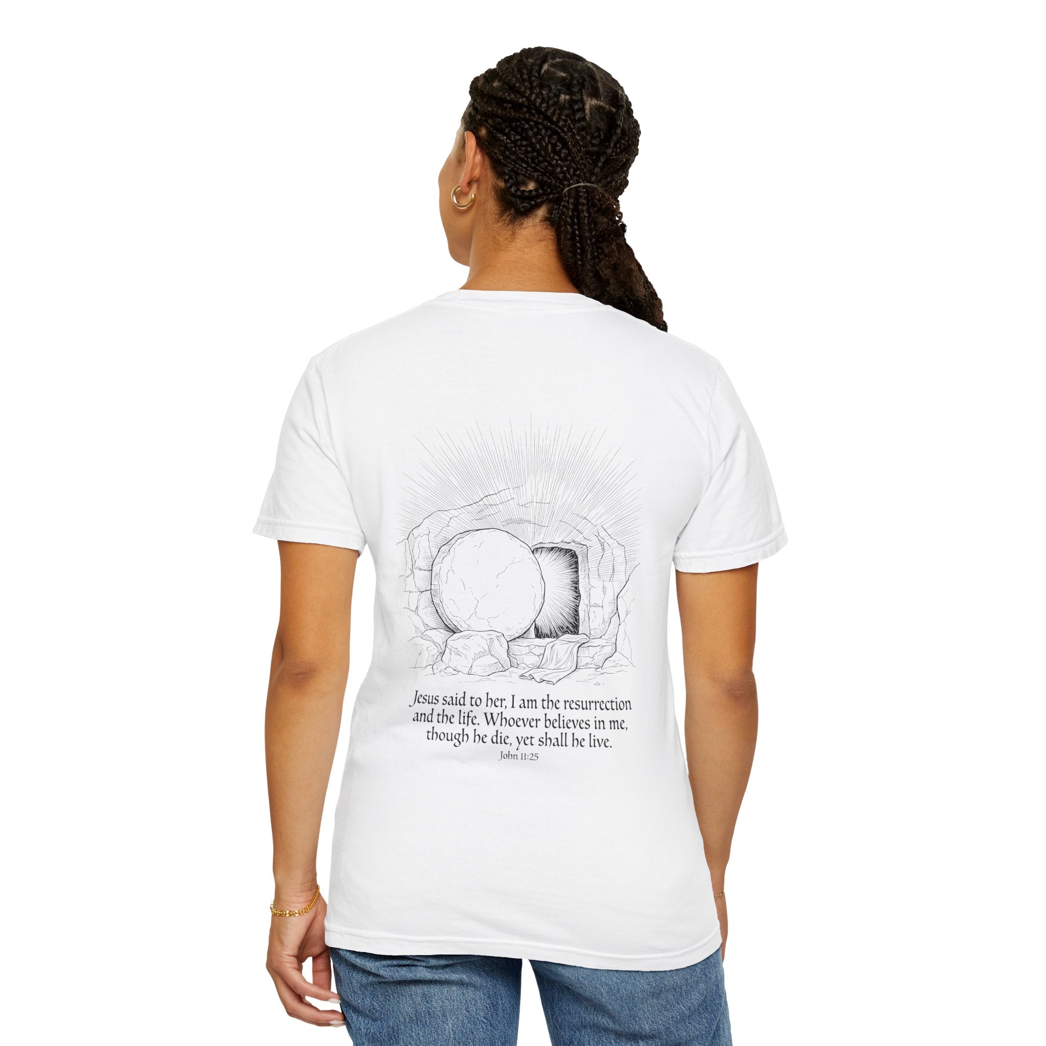 Christian Cross T-Shirt — Resurrection Tomb Design with John 11:25 Scripture