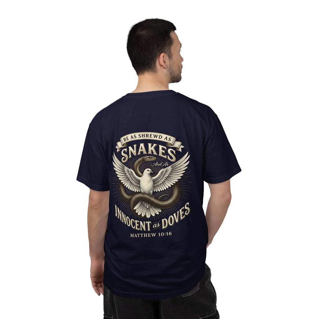 Christian Cross T-Shirt — "Be as Shrewd as Snakes, Innocent as Doves" Graphic Tee (Matthew 10:16)