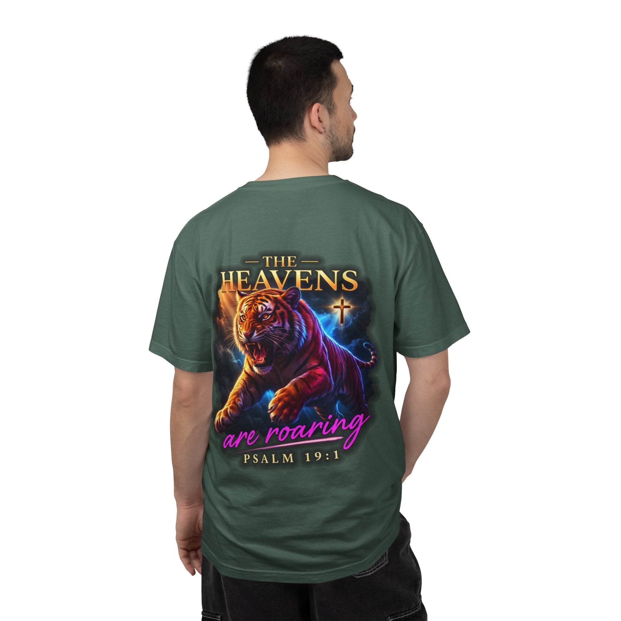 Christian Tiger T-Shirt — “The Heavens Are Roaring” Psalm 19:1 Graphic Tee
