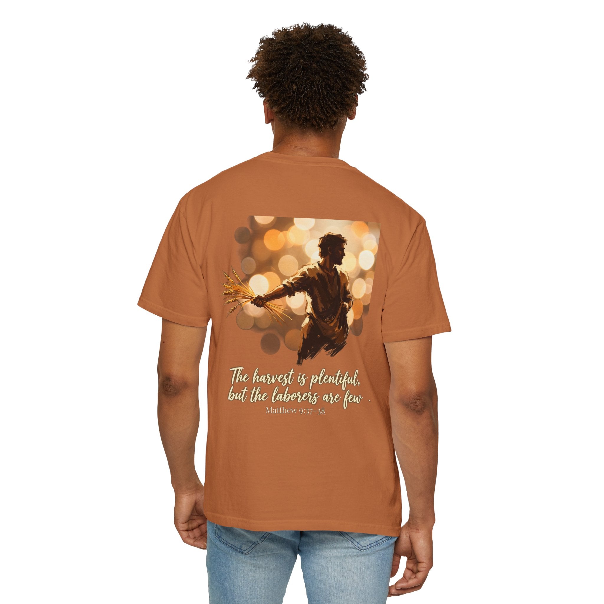 Christian Cross T-Shirt — "The harvest is plentiful, but the laborers are few" Back Graphic