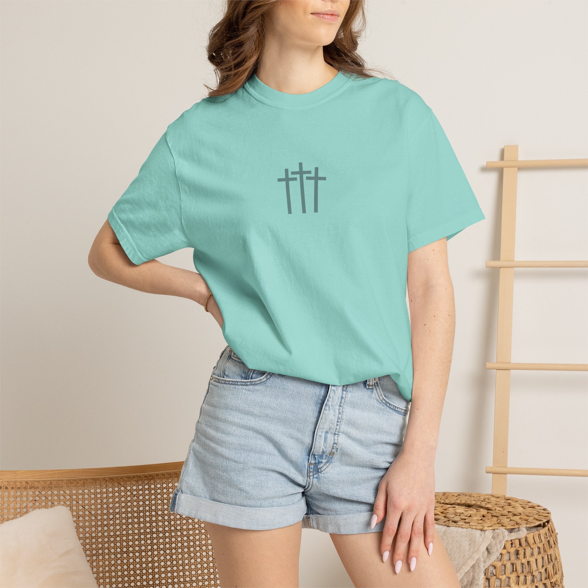 Faith Floral T-Shirt — Three Crosses Front with ‘Blessed are the Peacemakers’ Floral Back