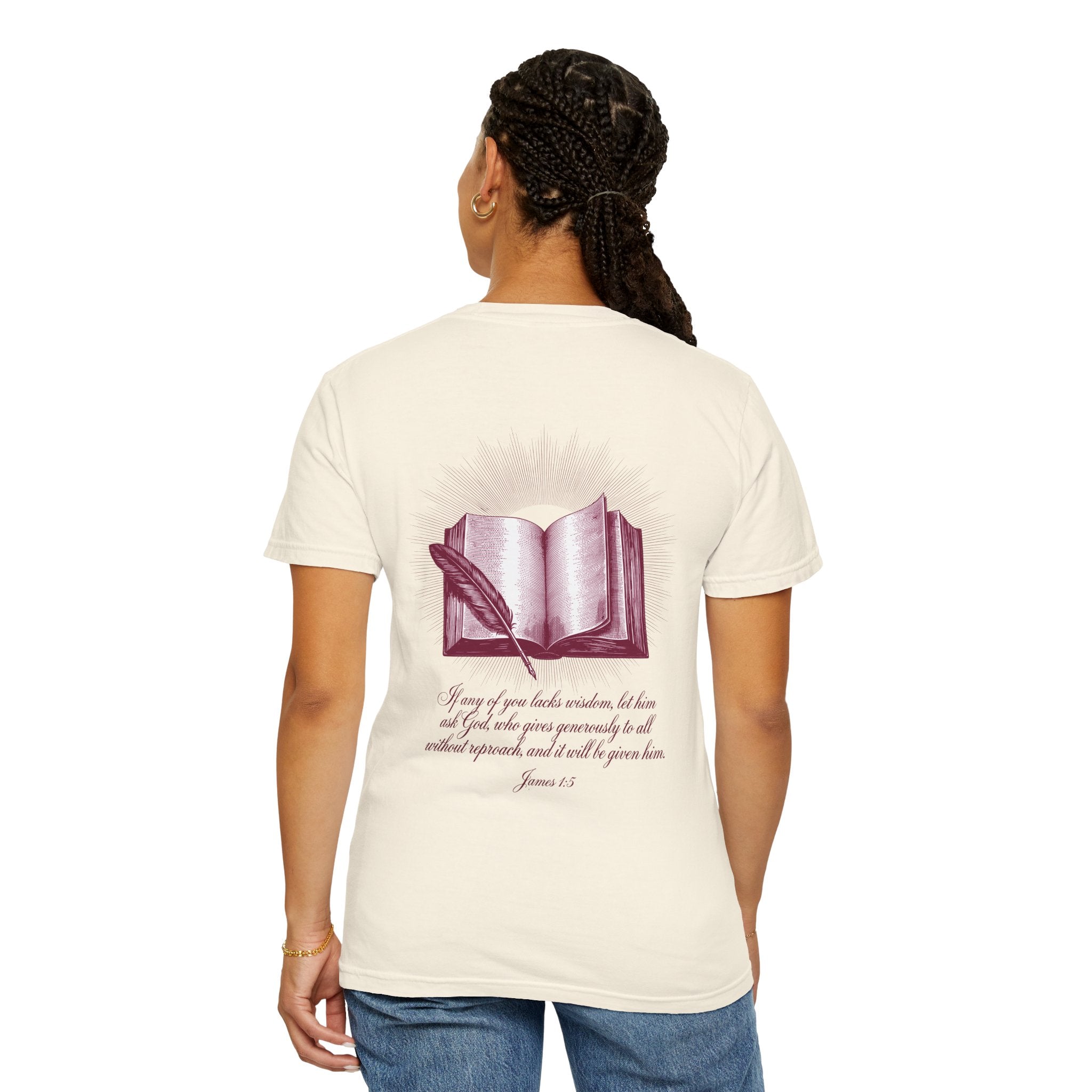 Christian Cross T-Shirt — Illustrated Bible Back Print with James 1:5 Quote