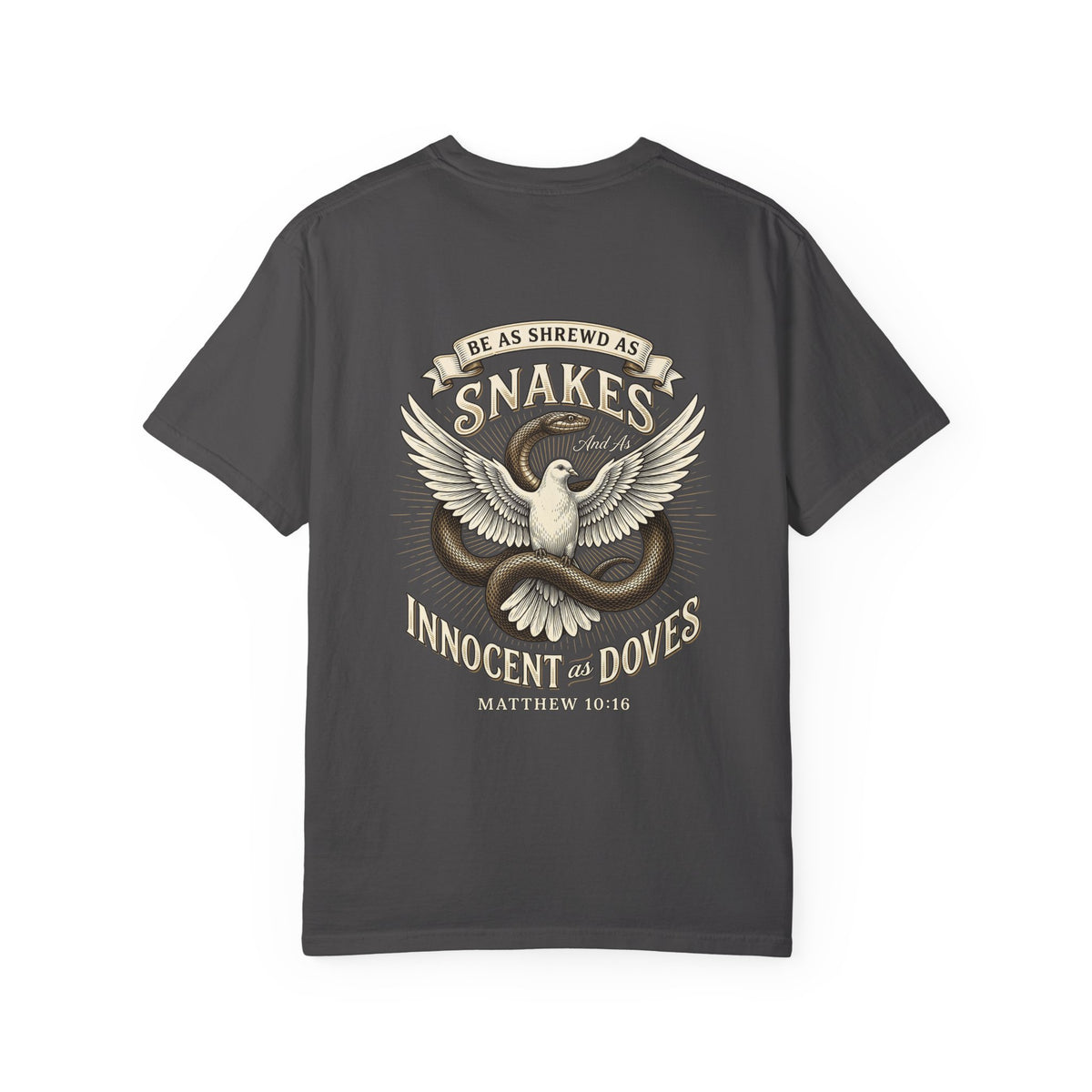 Christian Cross T-Shirt — "Be as Shrewd as Snakes, Innocent as Doves" Graphic Tee (Matthew 10:16)