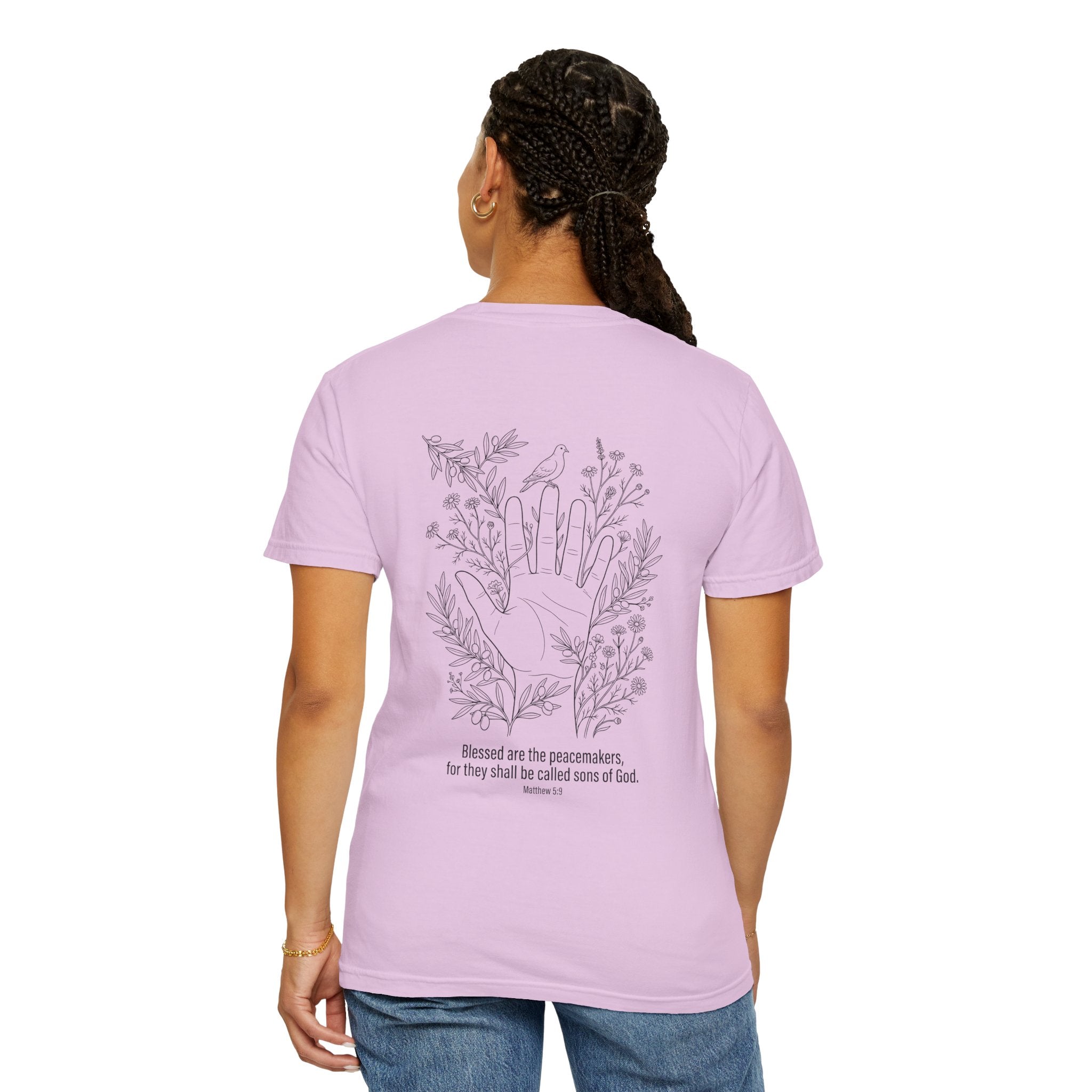 Faith Floral T-Shirt — Three Crosses Front with ‘Blessed are the Peacemakers’ Floral Back
