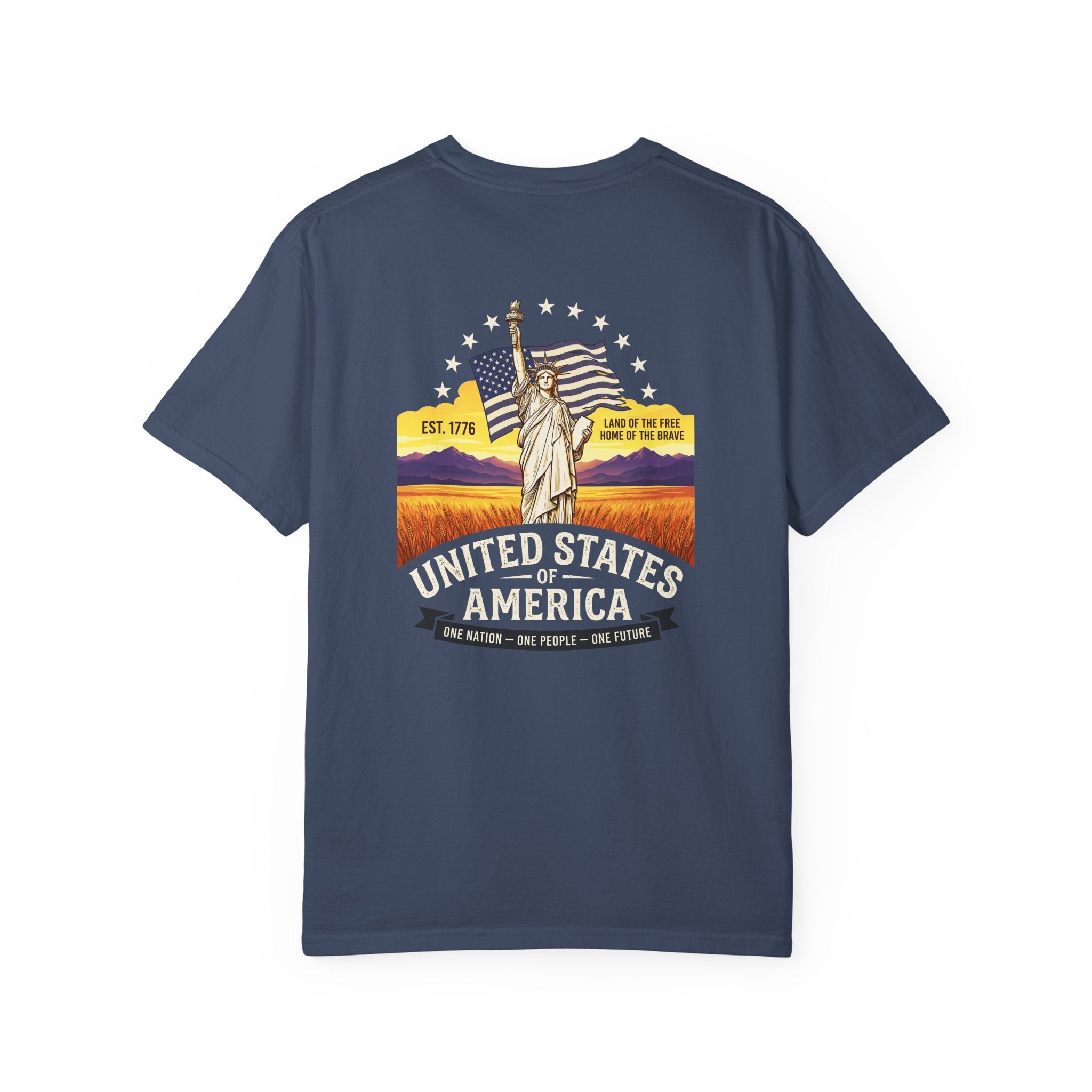 America Graphic T-Shirt — United States Vintage Statue of Liberty Back Print