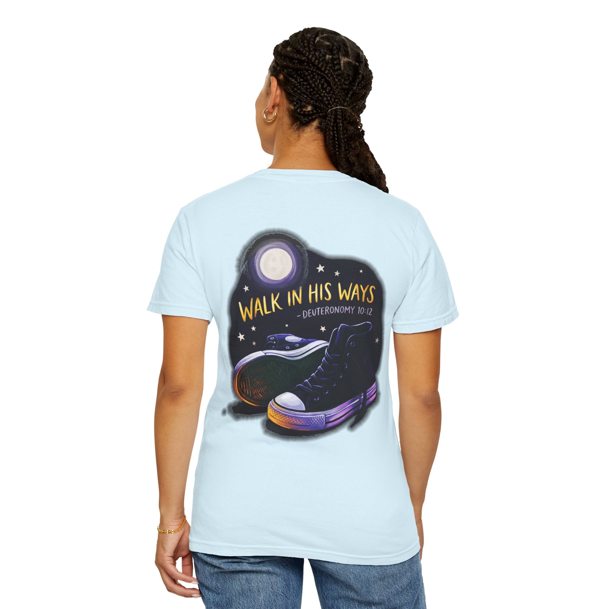 Walk in His Ways T-Shirt — Faith Cross Tee with Moonlit Sneakers (Deuteronomy 10:12)