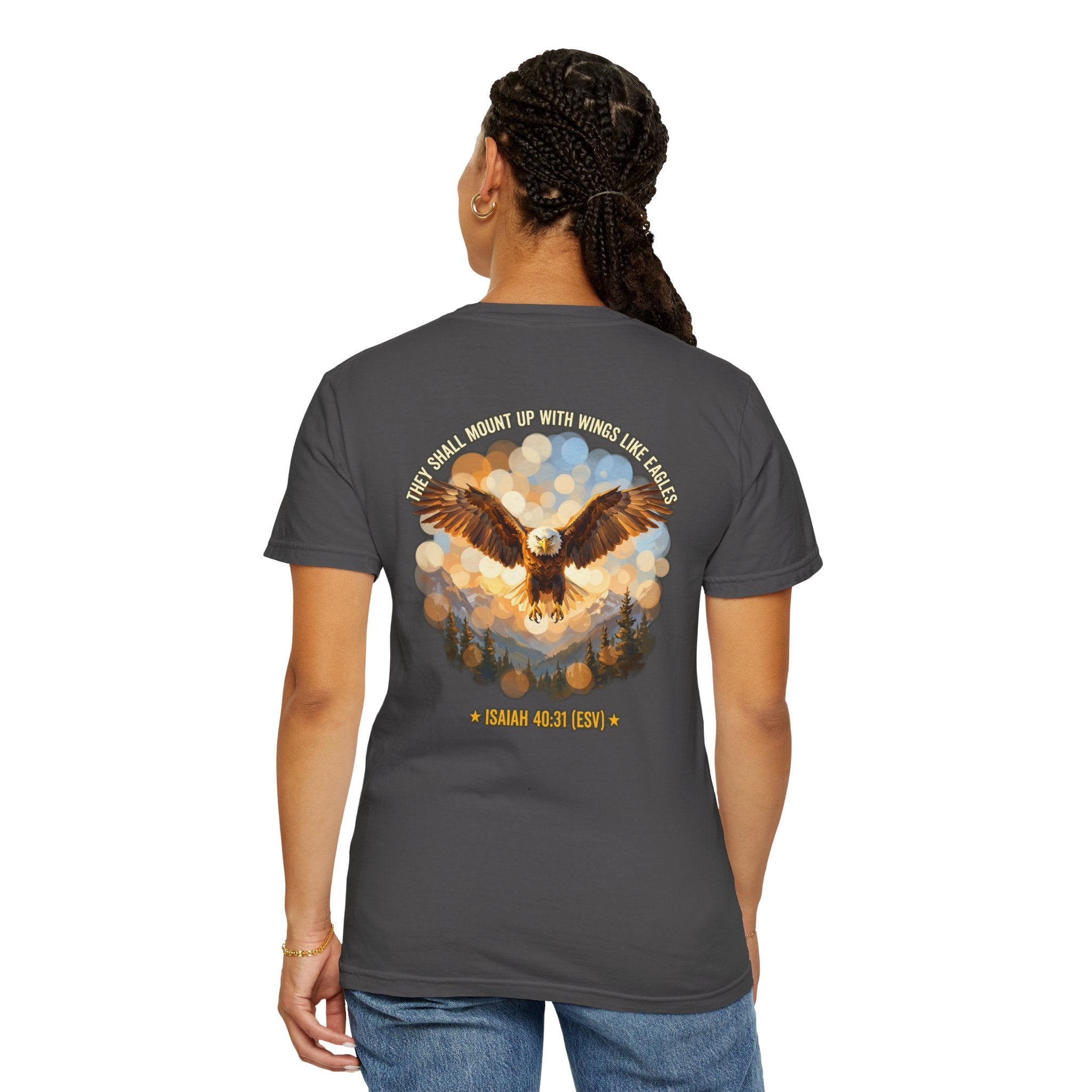 Eagle & Cross Christian T‑Shirt — "They Shall Mount Up with Wings" (Isaiah 40:31)