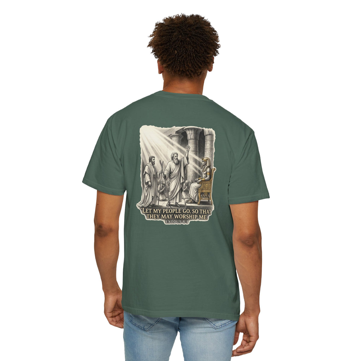 Religious T-Shirt — Small Cross Front & 'Let My People Go' Back Graphic