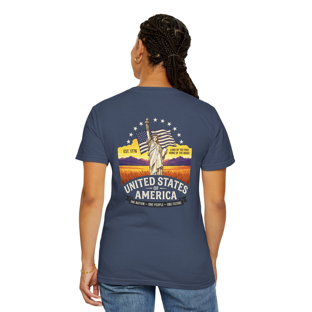 America Graphic T-Shirt — United States Vintage Statue of Liberty Back Print