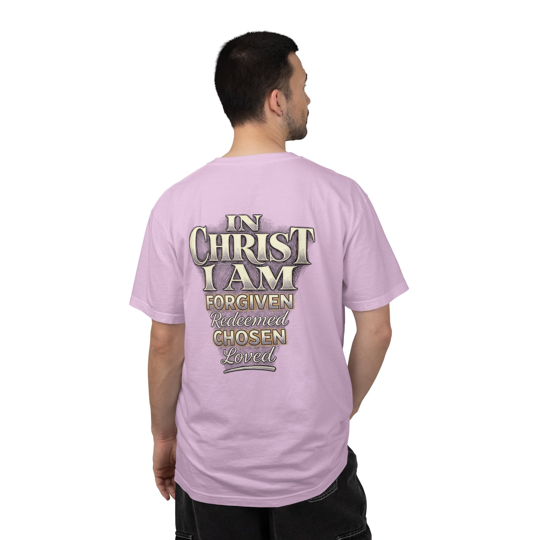 Christian Cross T-Shirt — "In Christ I Am Forgiven, Redeemed, Chosen" Faith Tee