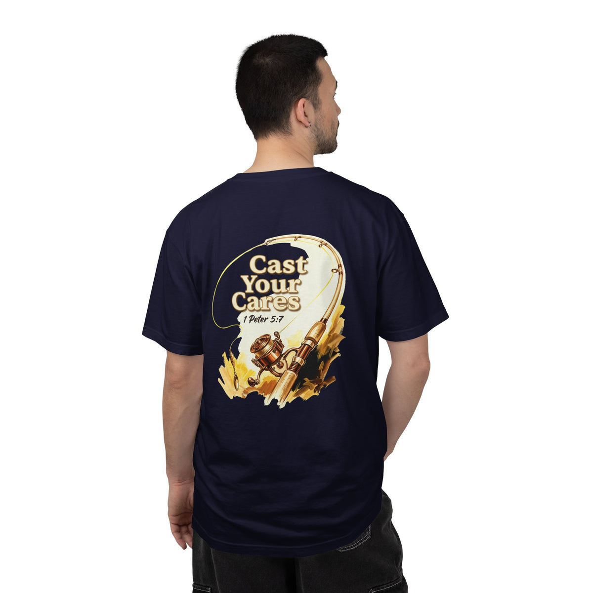 Cast Your Cares T-Shirt — Christian Fishing Cross Graphic Tee (1 Peter 5:7)
