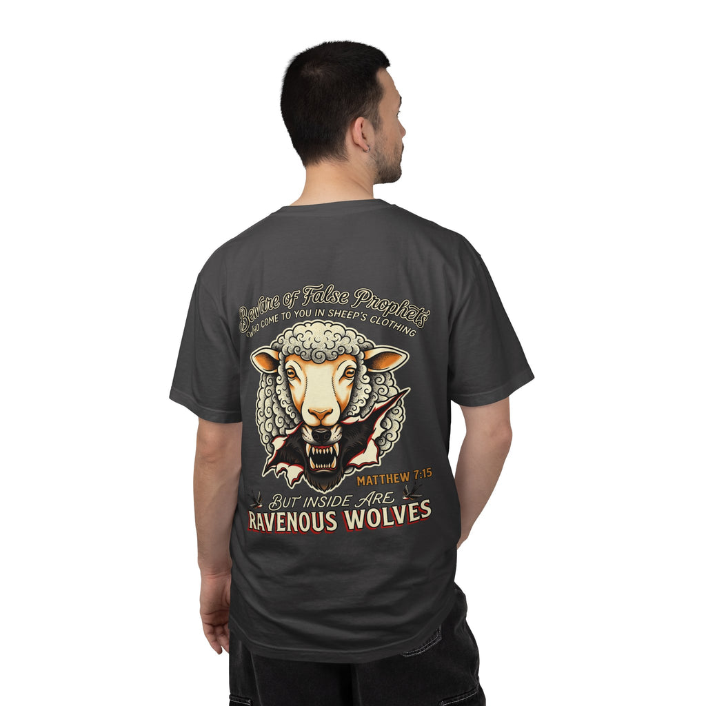 Ravenous Wolves Sheep Graphic T-Shirt — Matthew 7:15 Christian Cross Tee