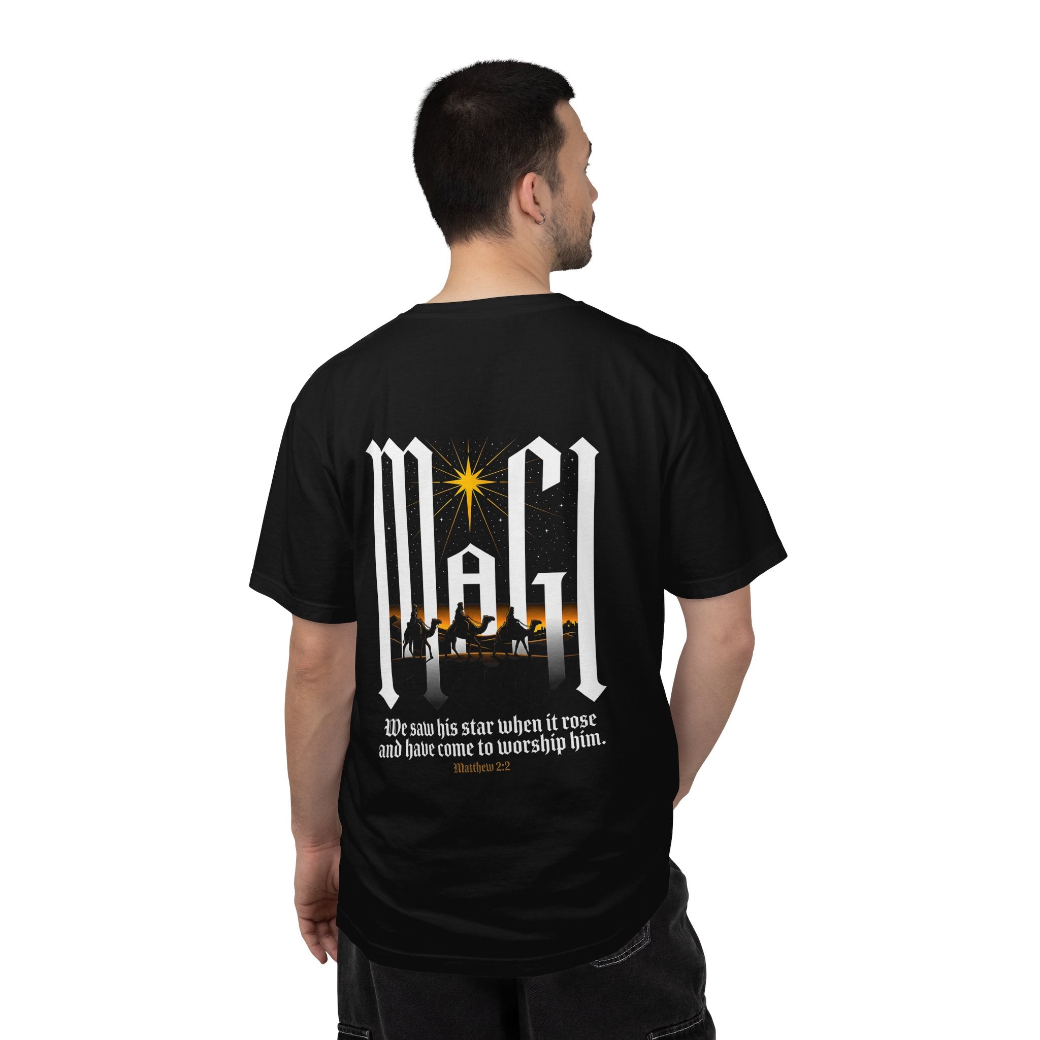 Christian Cross T-Shirt — 'We Saw His Star' Nativity Backprint Tee