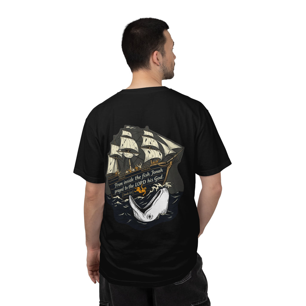 Christian Ship & Whale T-Shirt — 'From inside the fish Jonah prayed to the LORD his God' Chest Cross