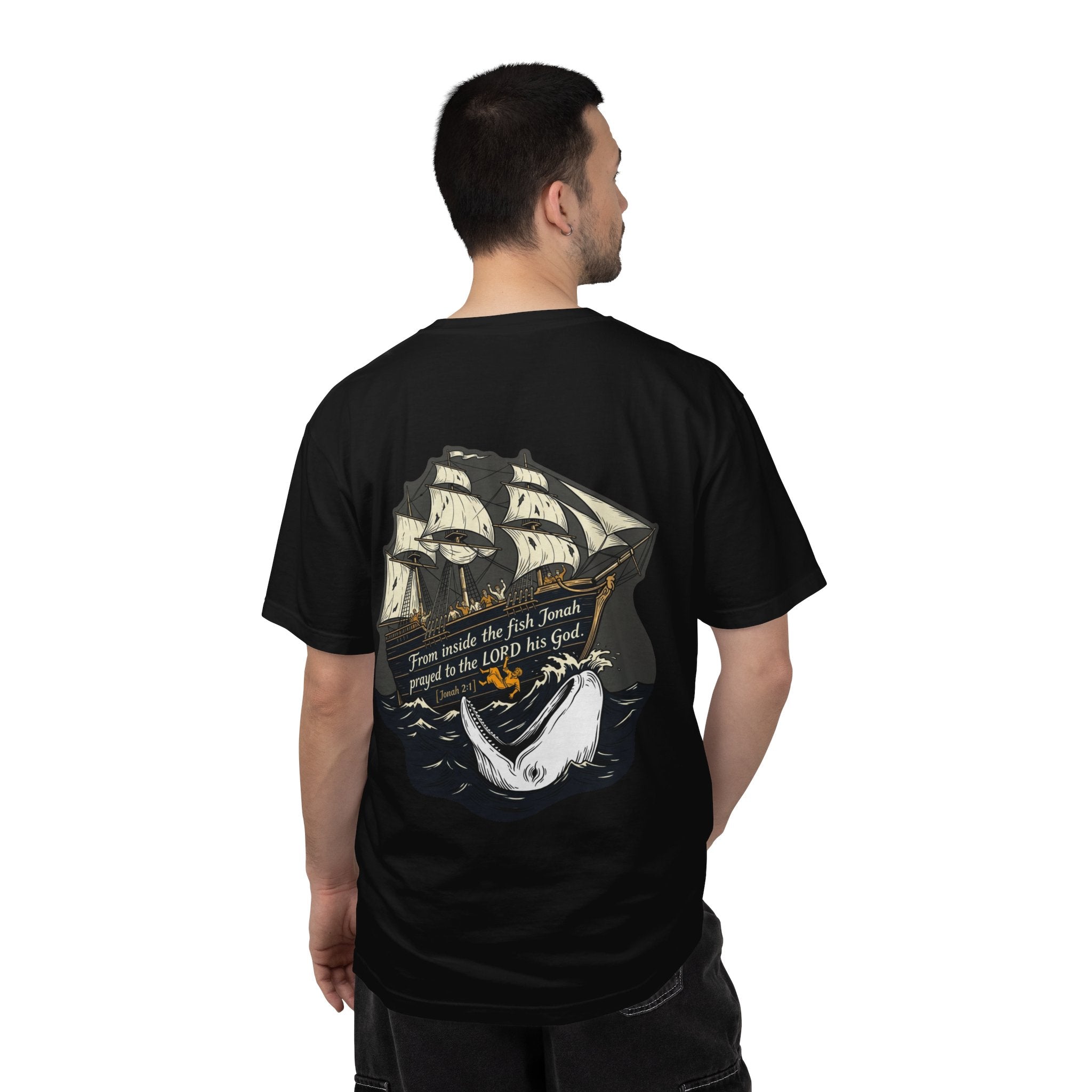 Christian Ship & Whale T-Shirt — 'From inside the fish Jonah prayed to the LORD his God' Chest Cross