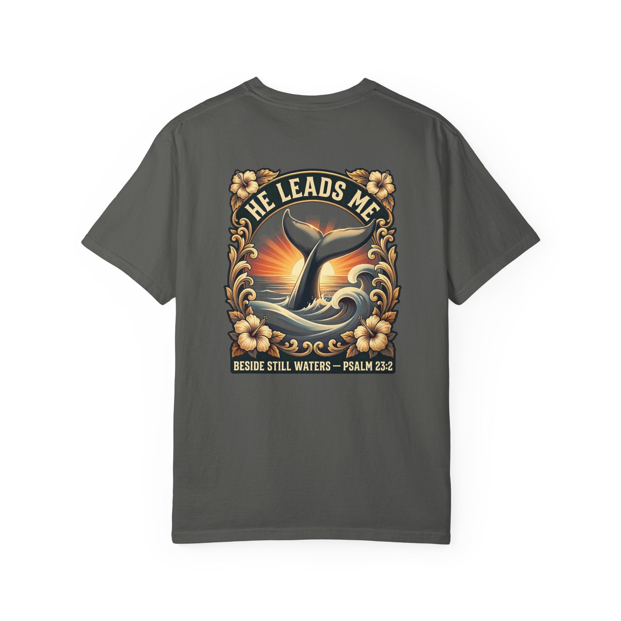 Christian Cross T-Shirt — "He Leads Me" Whale Psalm 23:2 Graphic Tee
