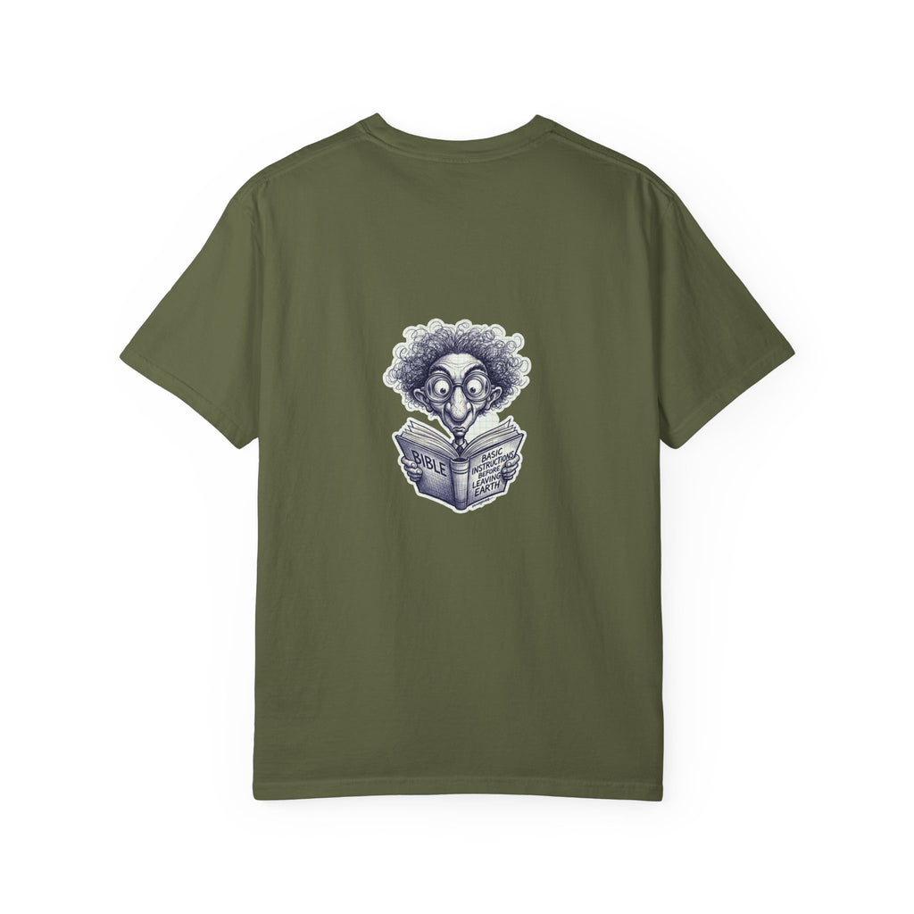 Graphic T-Shirt — Small Cross Front & Whimsical Reader Illustration Back