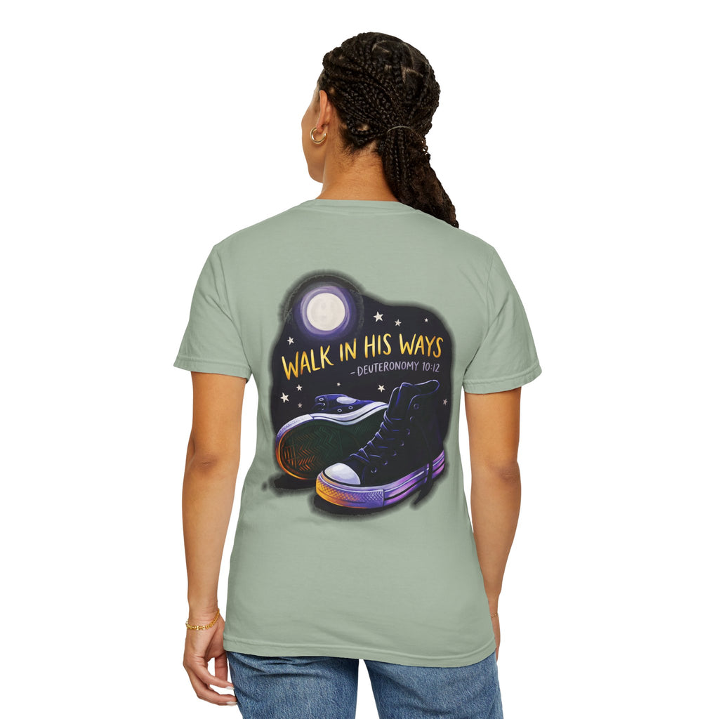 Walk in His Ways T-Shirt — Faith Cross Tee with Moonlit Sneakers (Deuteronomy 10:12)