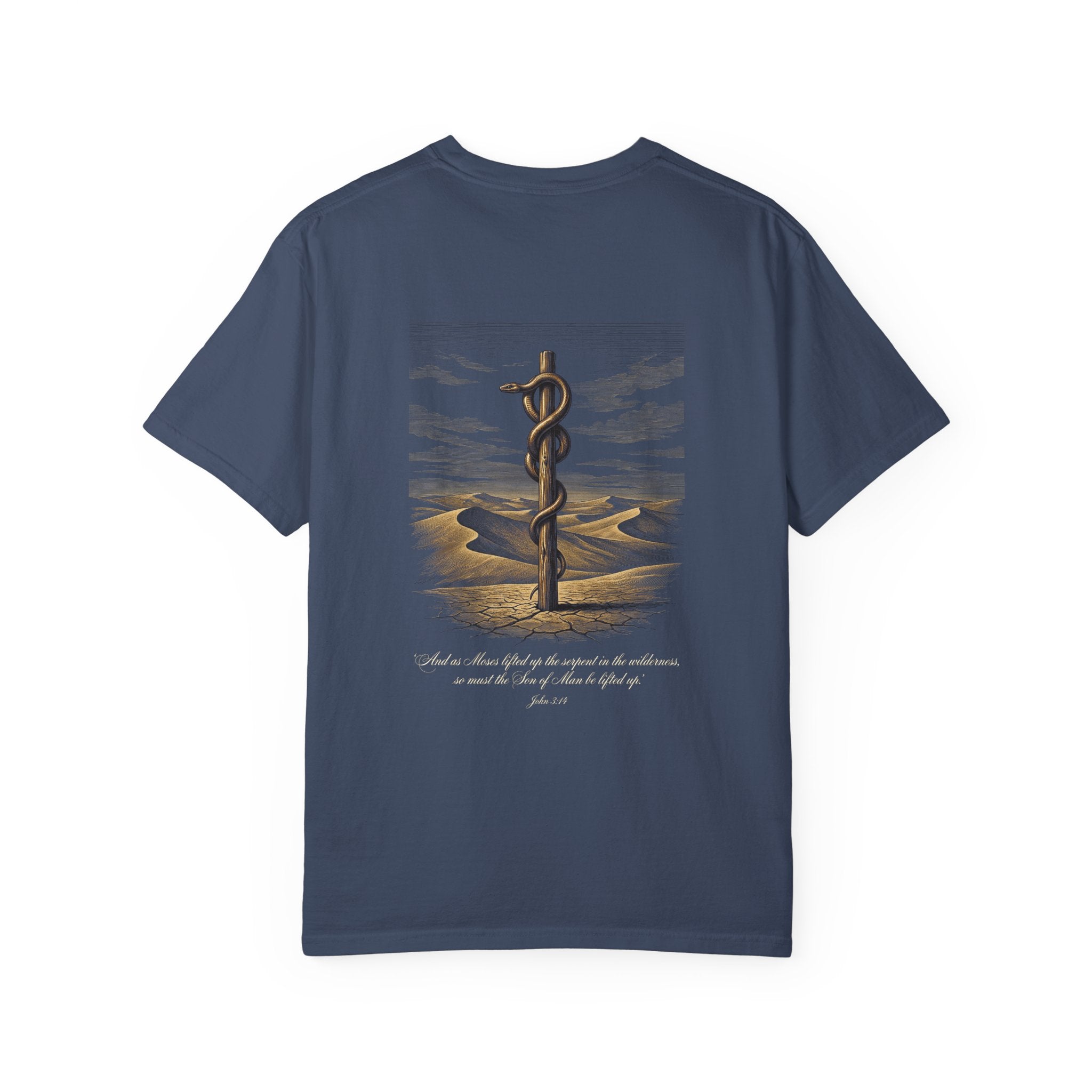 Christian Cross T-Shirt — Biblical Staff of Moses Desert Design with Scripture