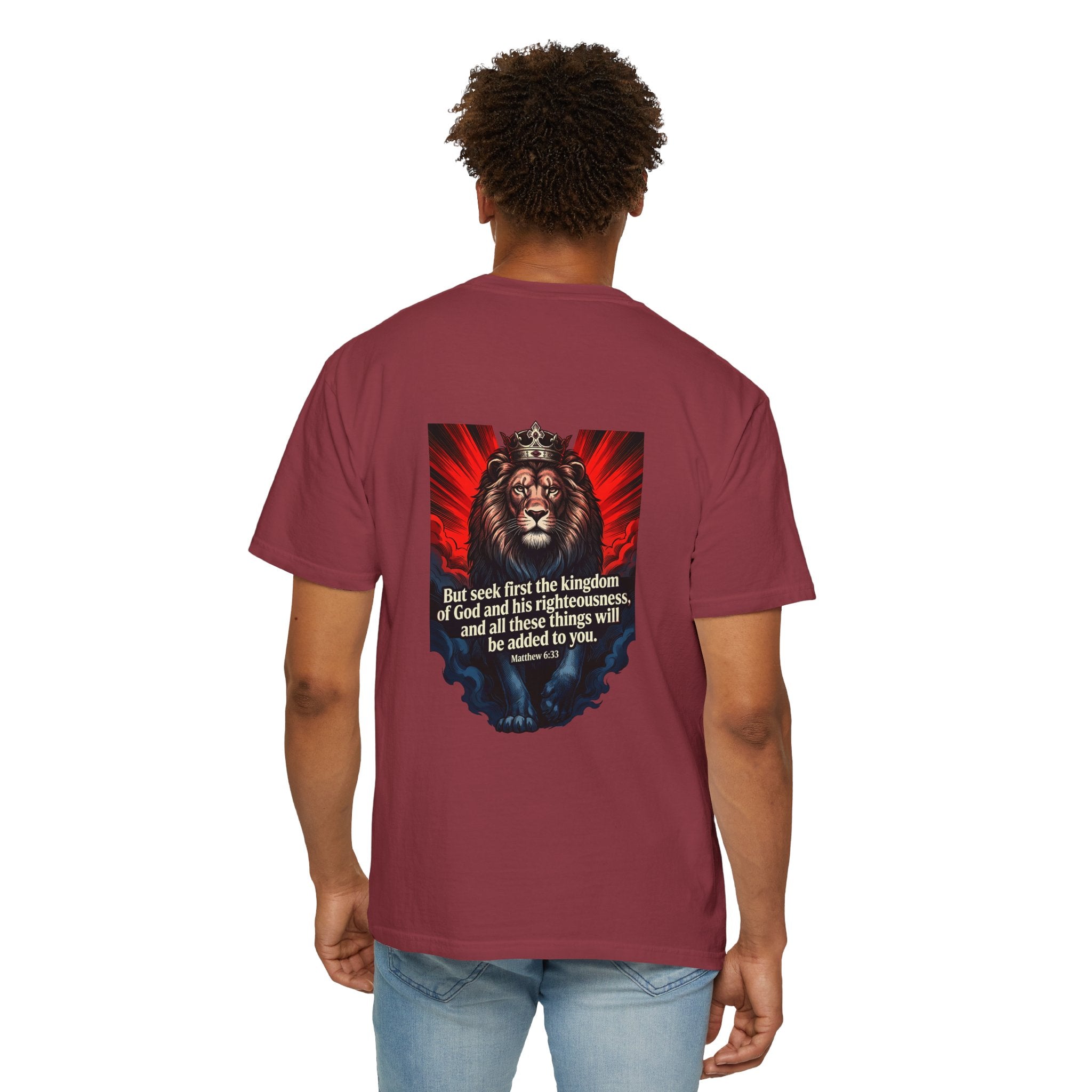 Christian Lion T-Shirt — 'But seek first the kingdom of God' Scripture Tee