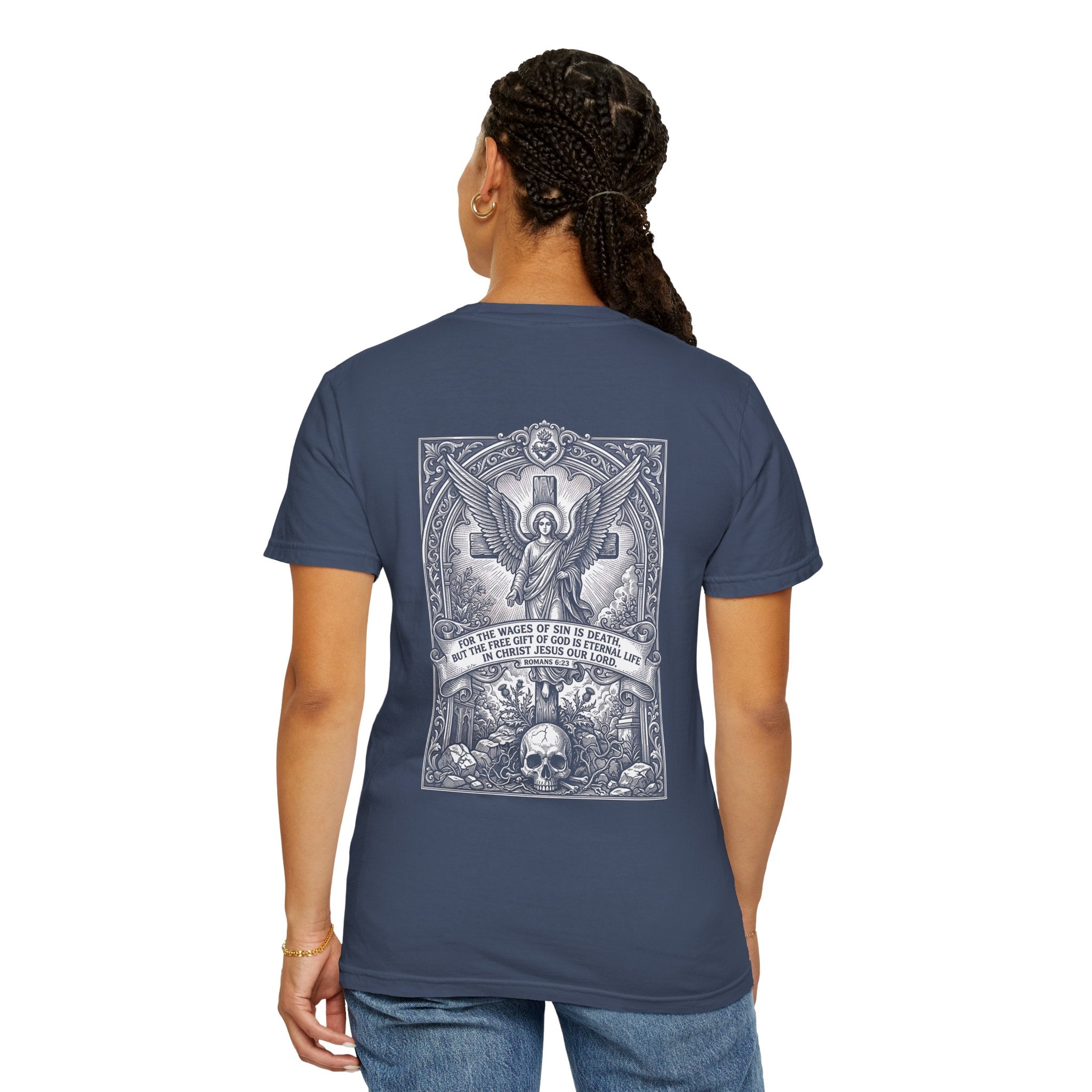 Religious Graphic T-Shirt — Angel, Skull & Scripture Back Print