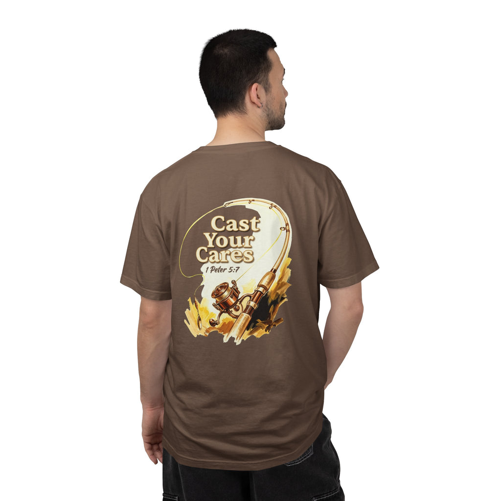 Cast Your Cares T-Shirt — Christian Fishing Cross Graphic Tee (1 Peter 5:7)
