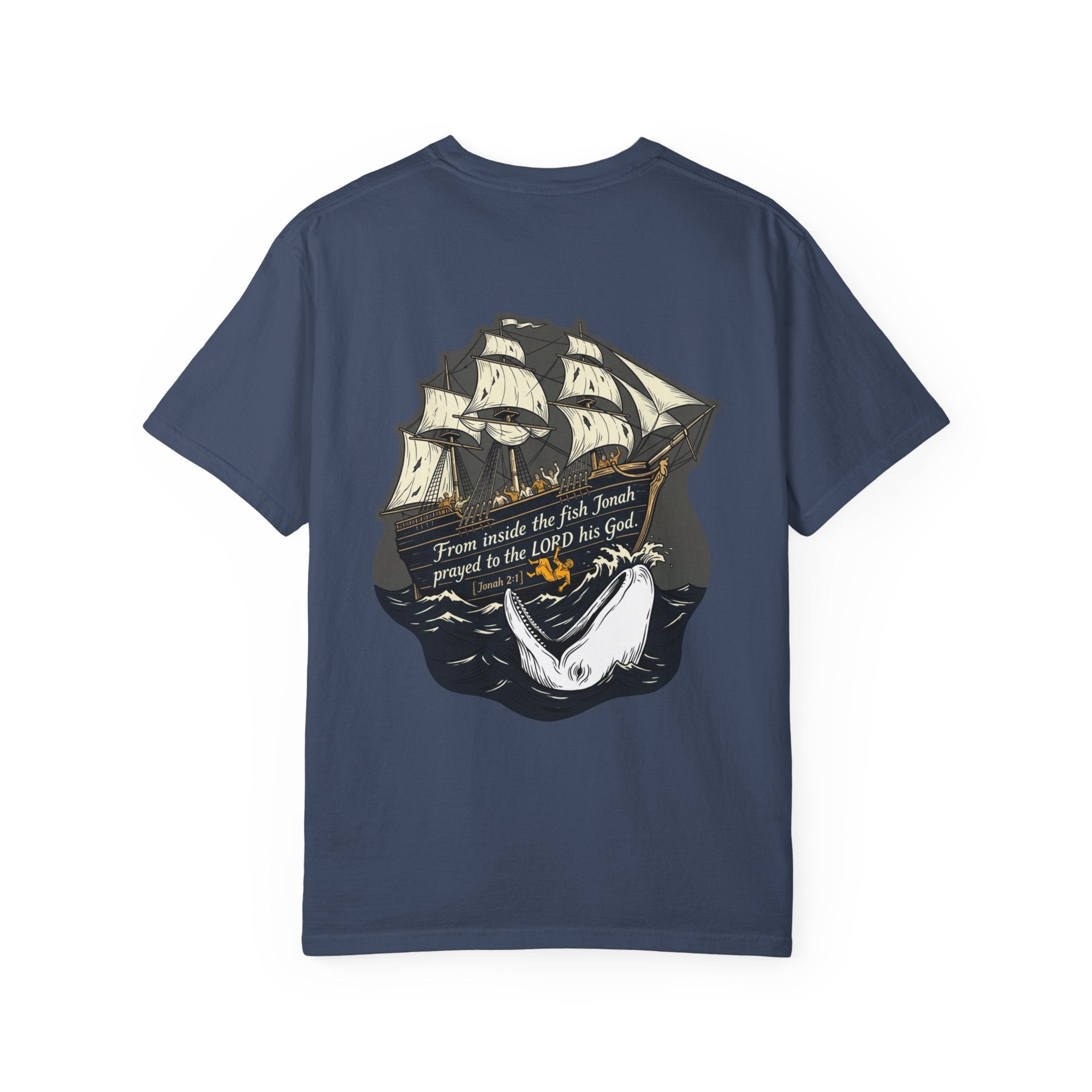 Christian Ship & Whale T-Shirt — 'From inside the fish Jonah prayed to the LORD his God' Chest Cross