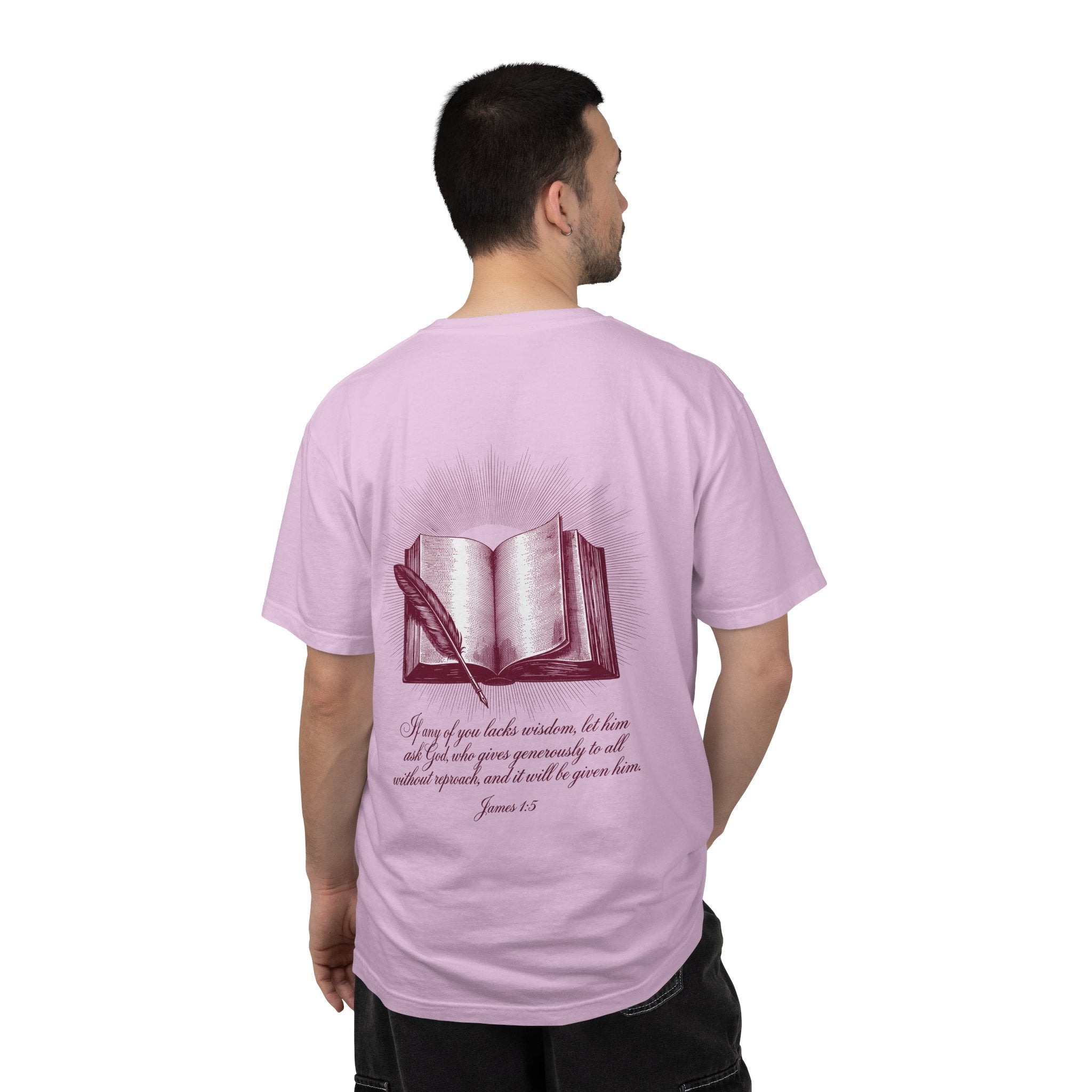 Christian Cross T-Shirt — Illustrated Bible Back Print with James 1:5 Quote