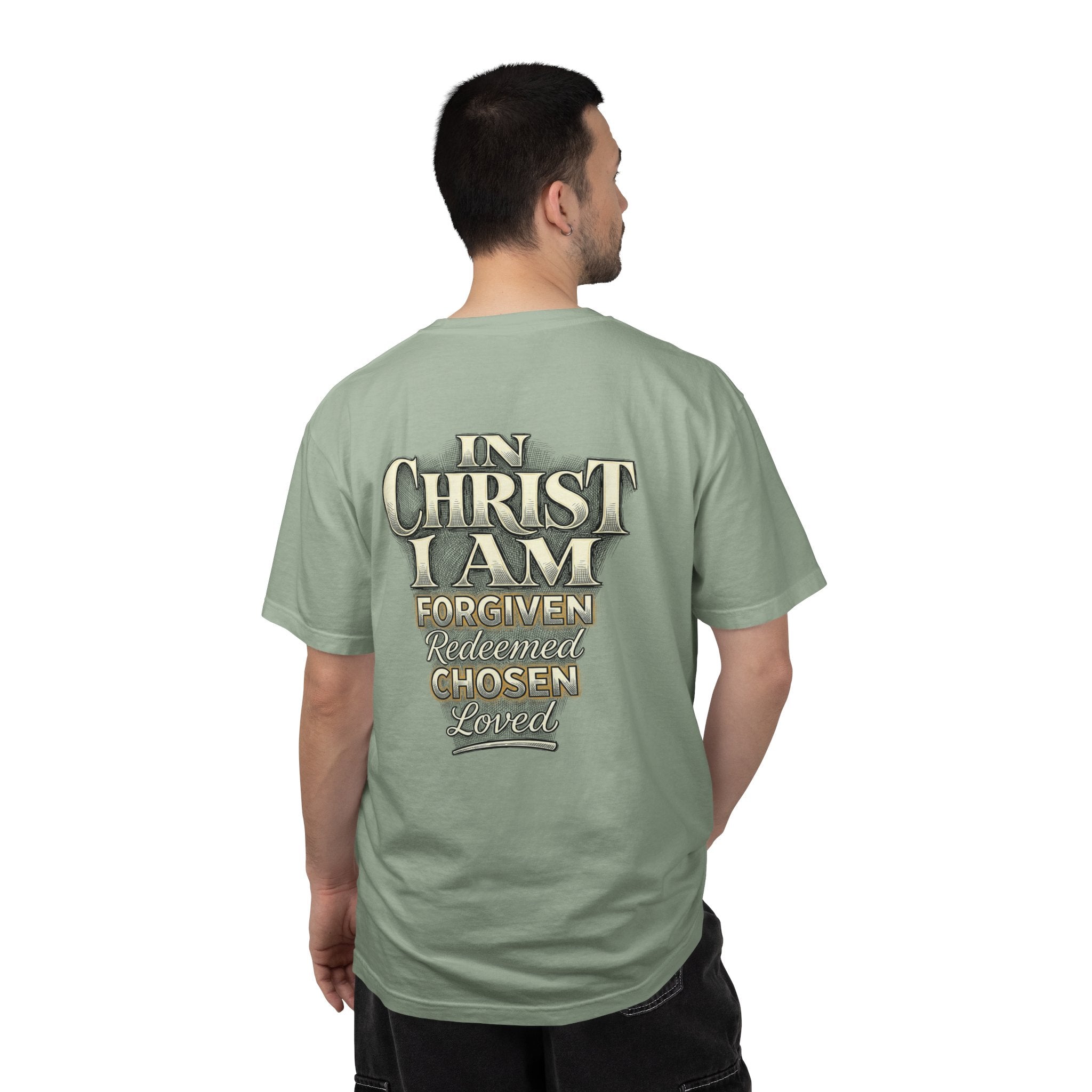Christian Cross T-Shirt — "In Christ I Am Forgiven, Redeemed, Chosen" Faith Tee