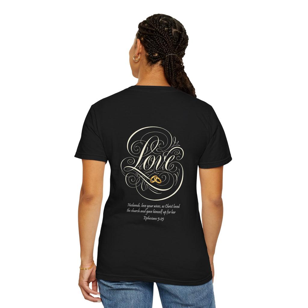 Christian Love Tee — Scripture Cross Back Design (1 John 4:19)