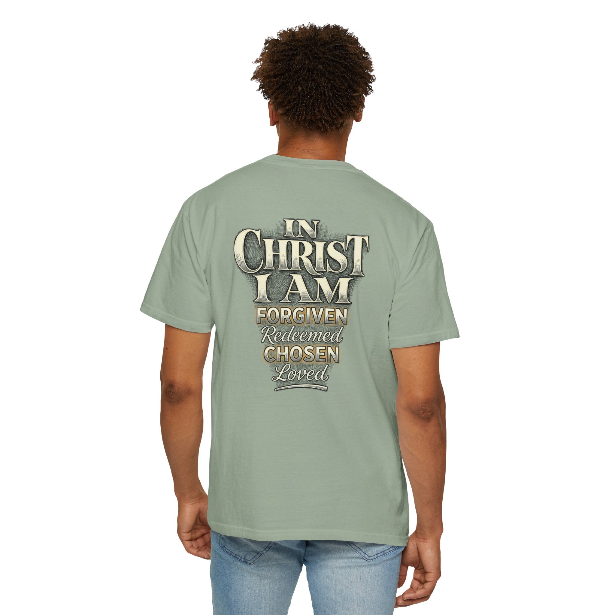 Christian Cross T-Shirt — "In Christ I Am Forgiven, Redeemed, Chosen" Faith Tee