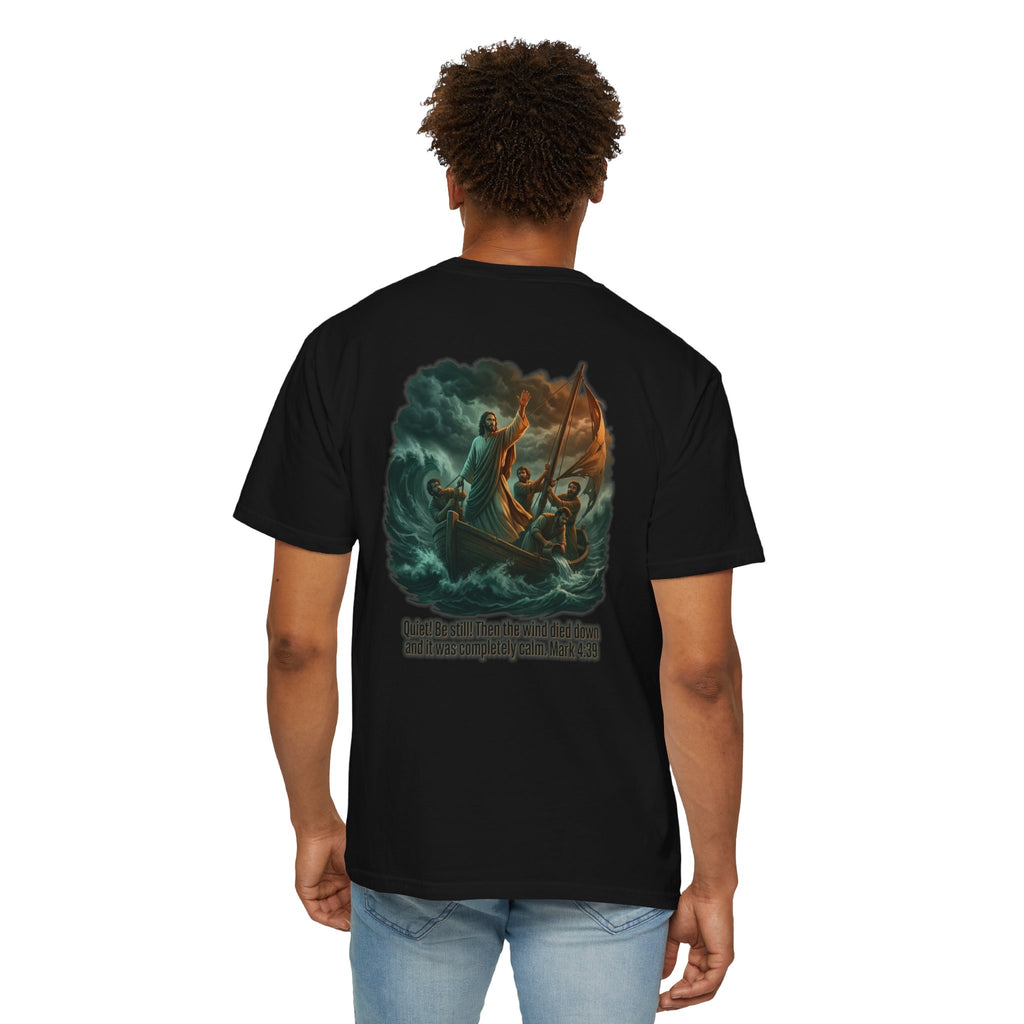 Christian Faith T-Shirt — 'He Said, "Be Still"' Boat Scene with Matthew 8:23-27 Biblical Tee