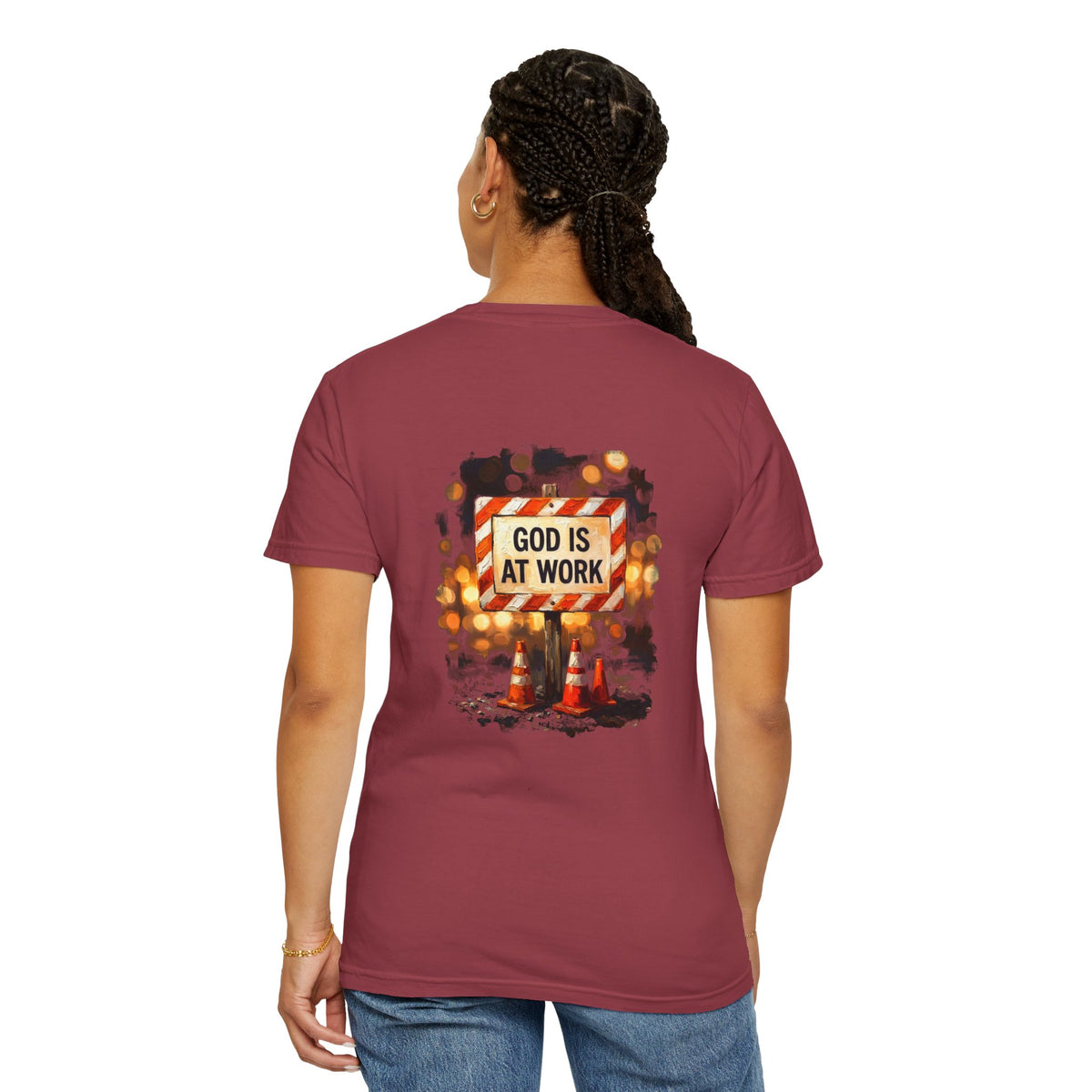 Christian T-Shirt — "God Is At Work" Cross Graphic Tee