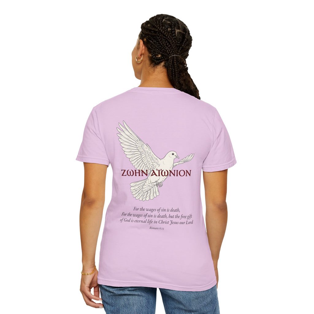 Christian Dove T-Shirt — Three Crosses Front & Dove Back with Scripture