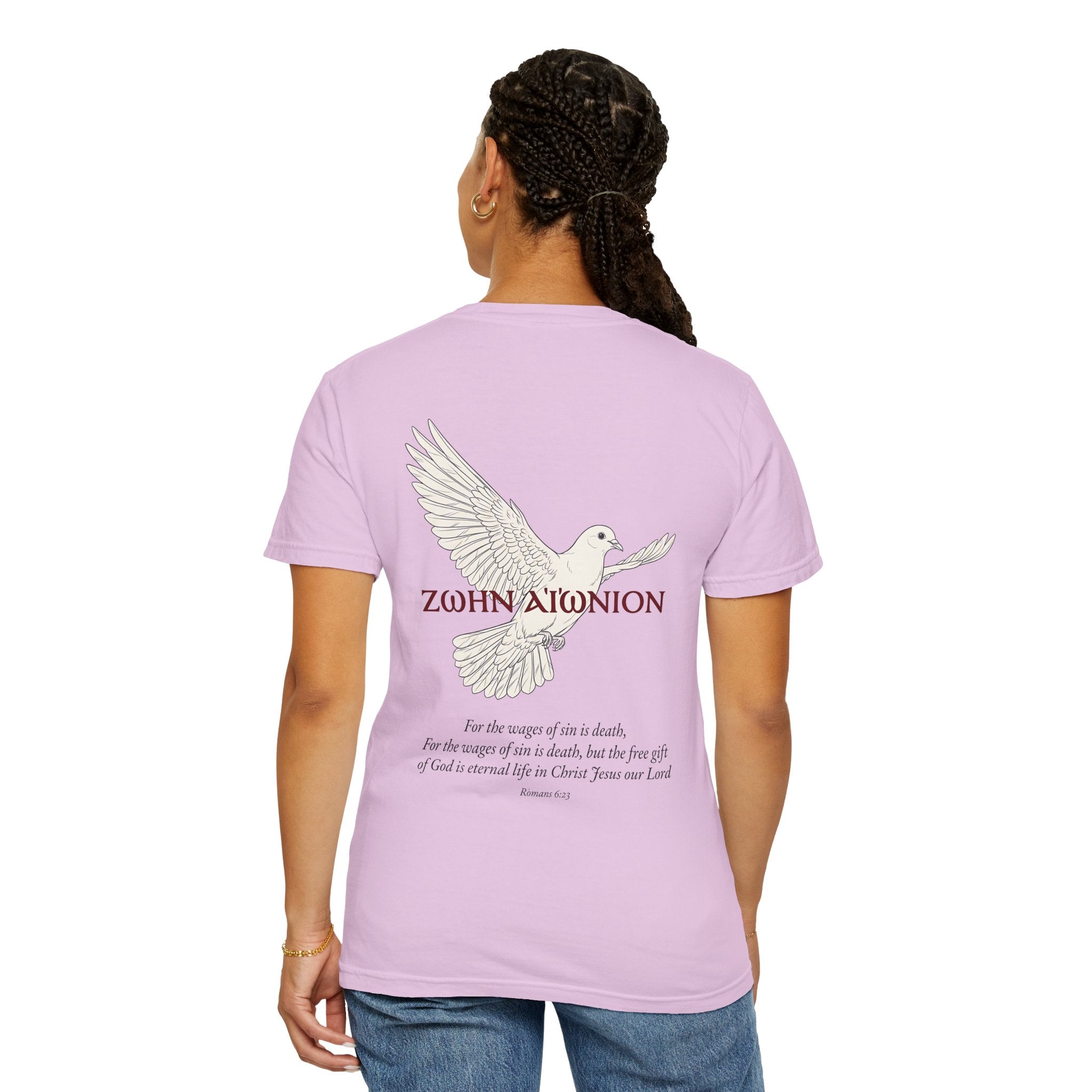Christian Dove T-Shirt — Three Crosses Front & Dove Back with Scripture