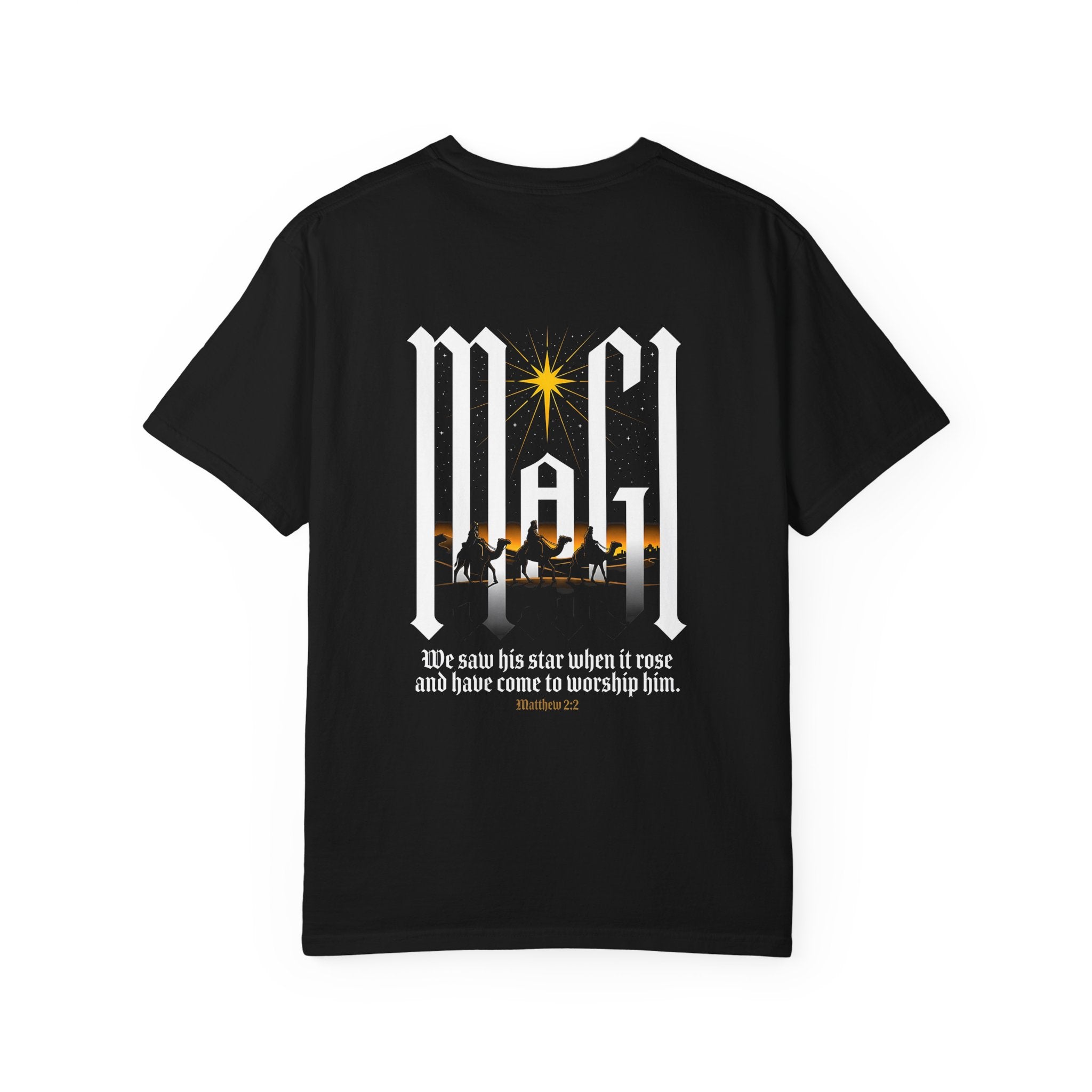 Christian Cross T-Shirt — 'We Saw His Star' Nativity Backprint Tee