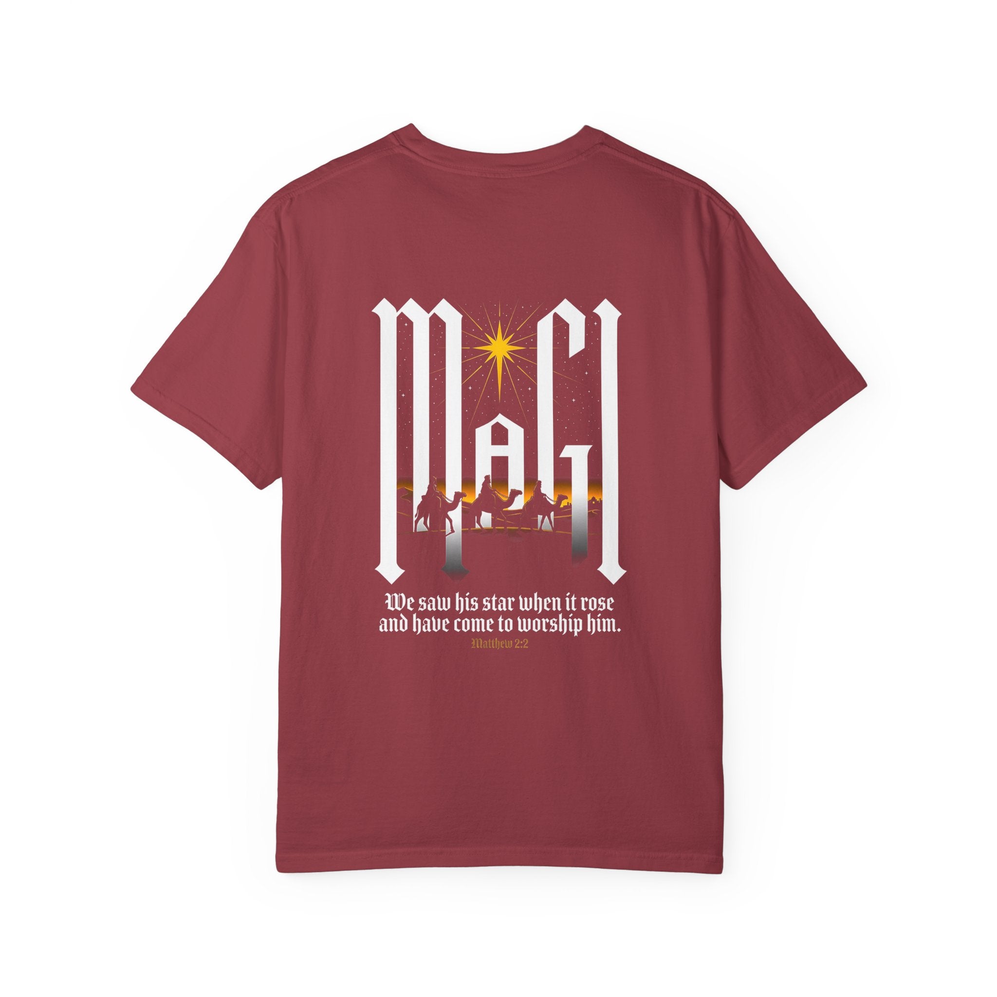Christian Cross T-Shirt — 'We Saw His Star' Nativity Backprint Tee