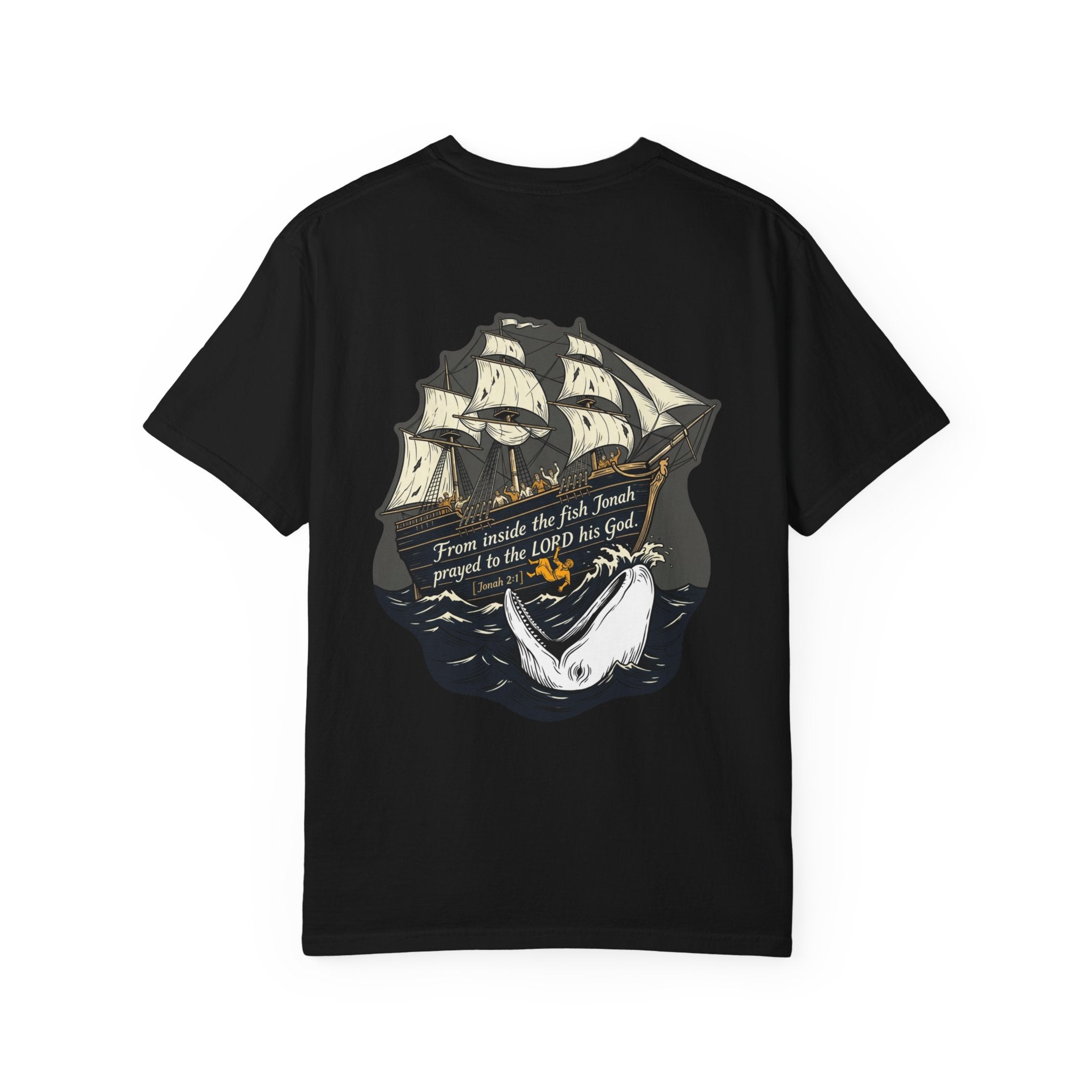 Christian Ship & Whale T-Shirt — 'From inside the fish Jonah prayed to the LORD his God' Chest Cross