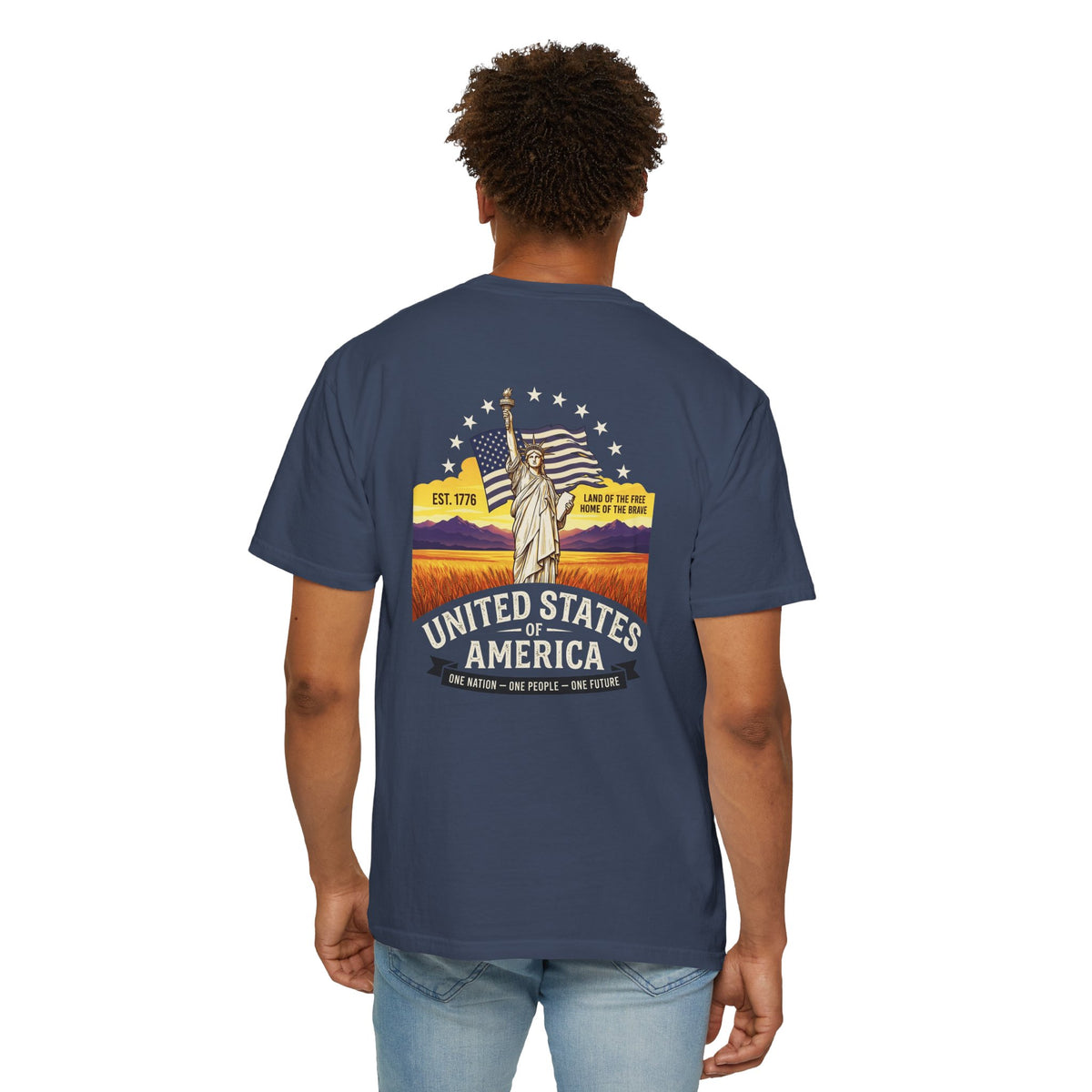 America Graphic T-Shirt — United States Vintage Statue of Liberty Back Print