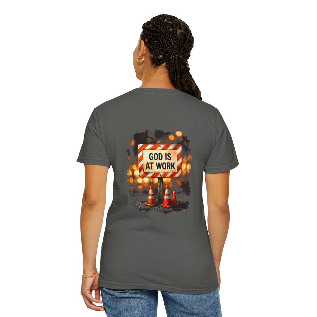 Christian T-Shirt — "God Is At Work" Cross Graphic Tee